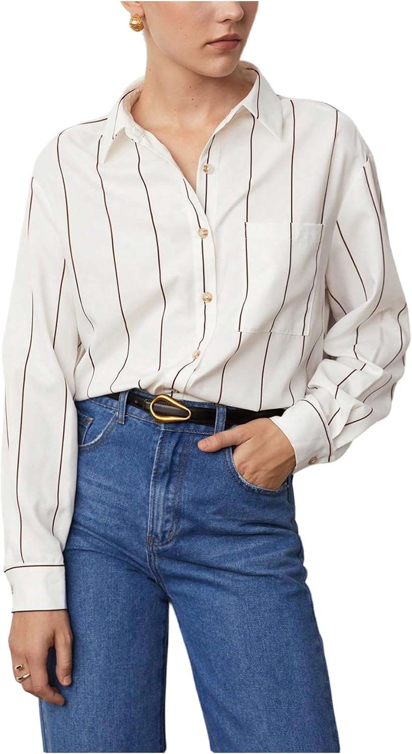 Women's Striped Button Down Shirt Elegant Long Sleeve Collared Loose Blouses Business Casual Tops