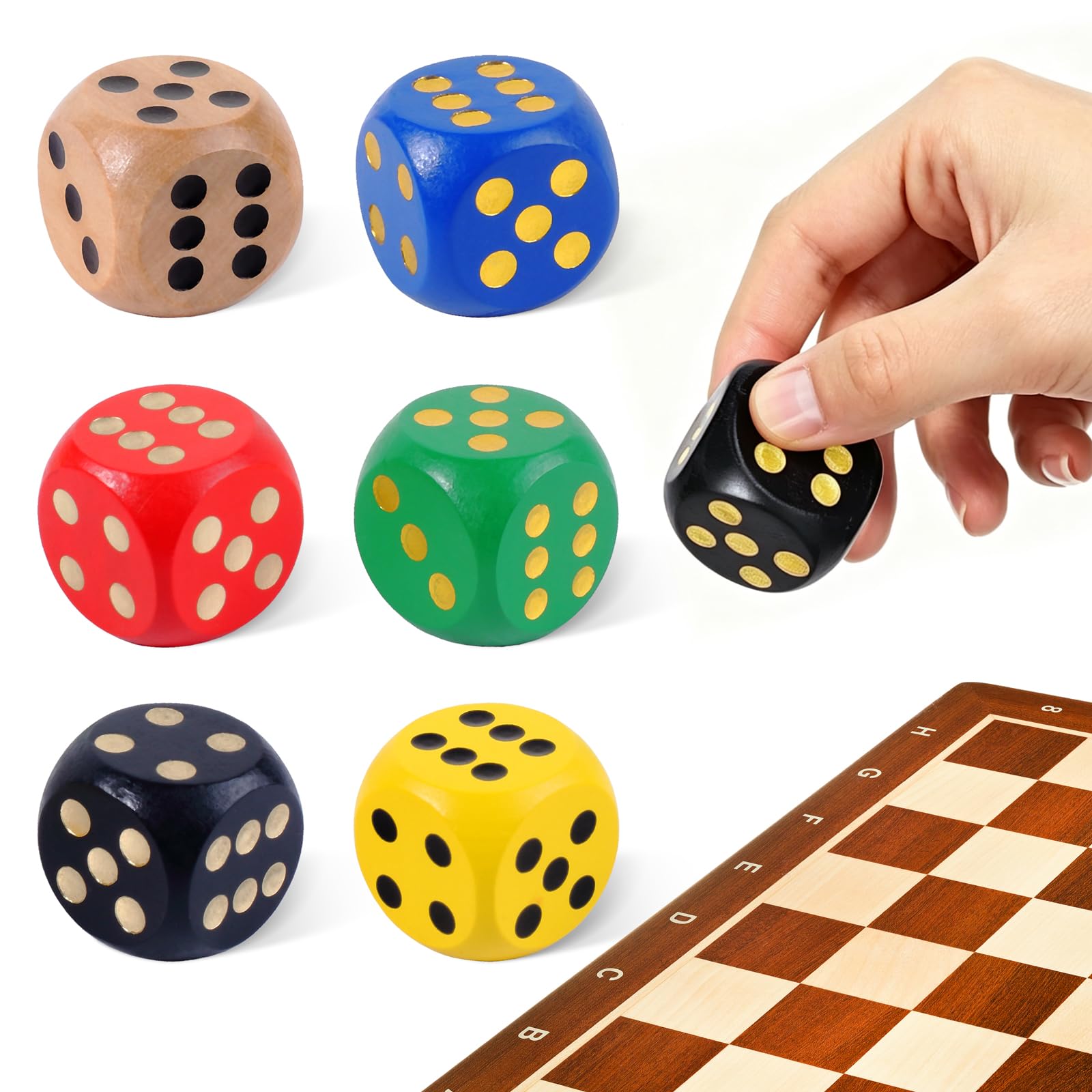 6 Pcs Large Wooden Dice, 3CM Six-sided Rounded Big Dice, Colorful Wooden Dice Set for Board Game, Family Games, Instruction Party Activities（Red, Blue, Yellow, Green, Black, Brown）