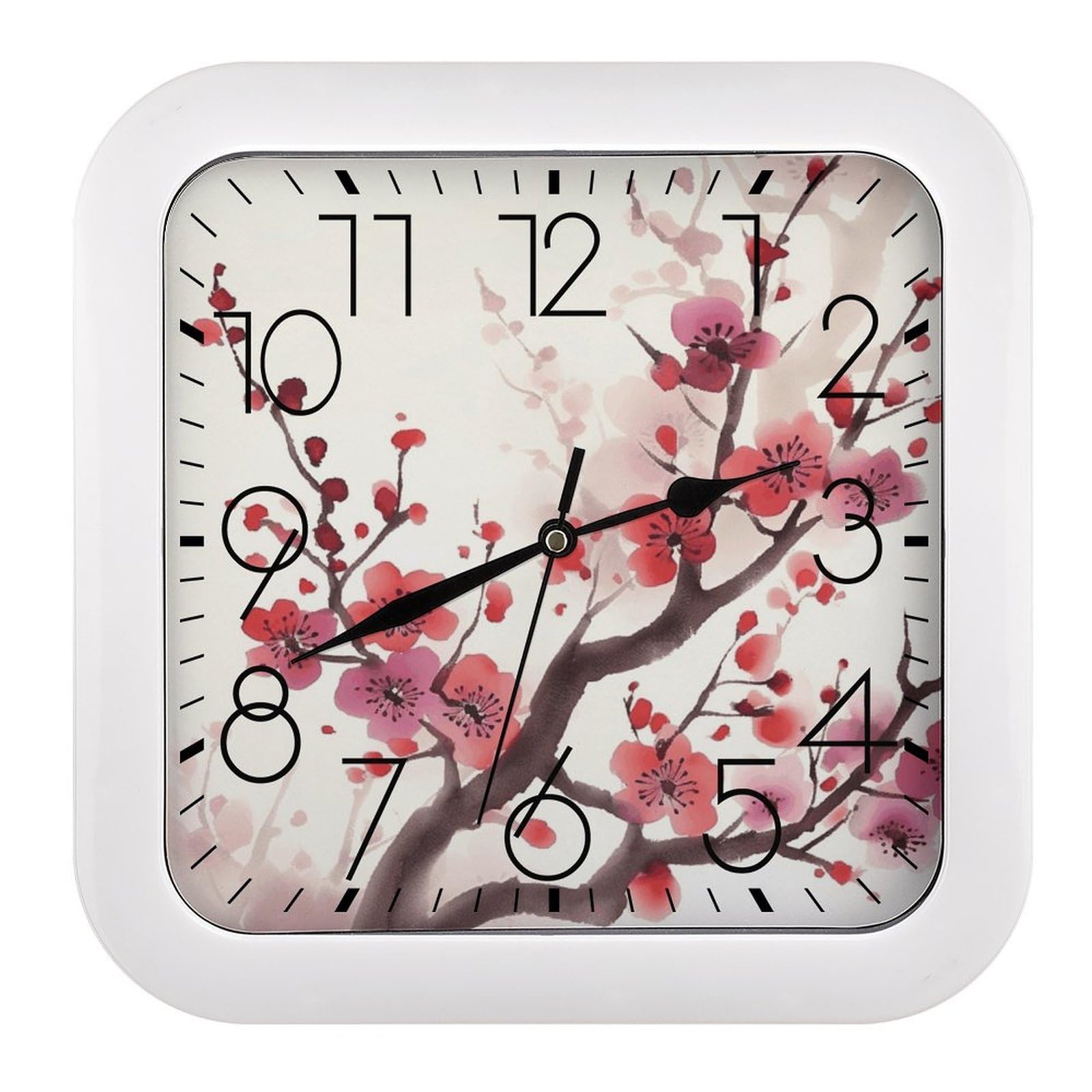 Horloge murale carrée japonaise sans tic-tac avec grand cadran fleuri de 25,4 cm