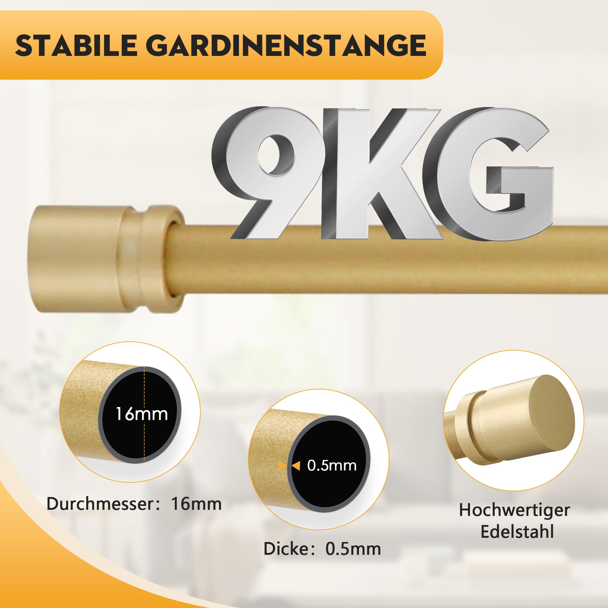 Asta per tende allungabile da 16 mm, asta per tende dorata con terminali e supporti, 63-183 cm, adatta per finestre e camera da letto