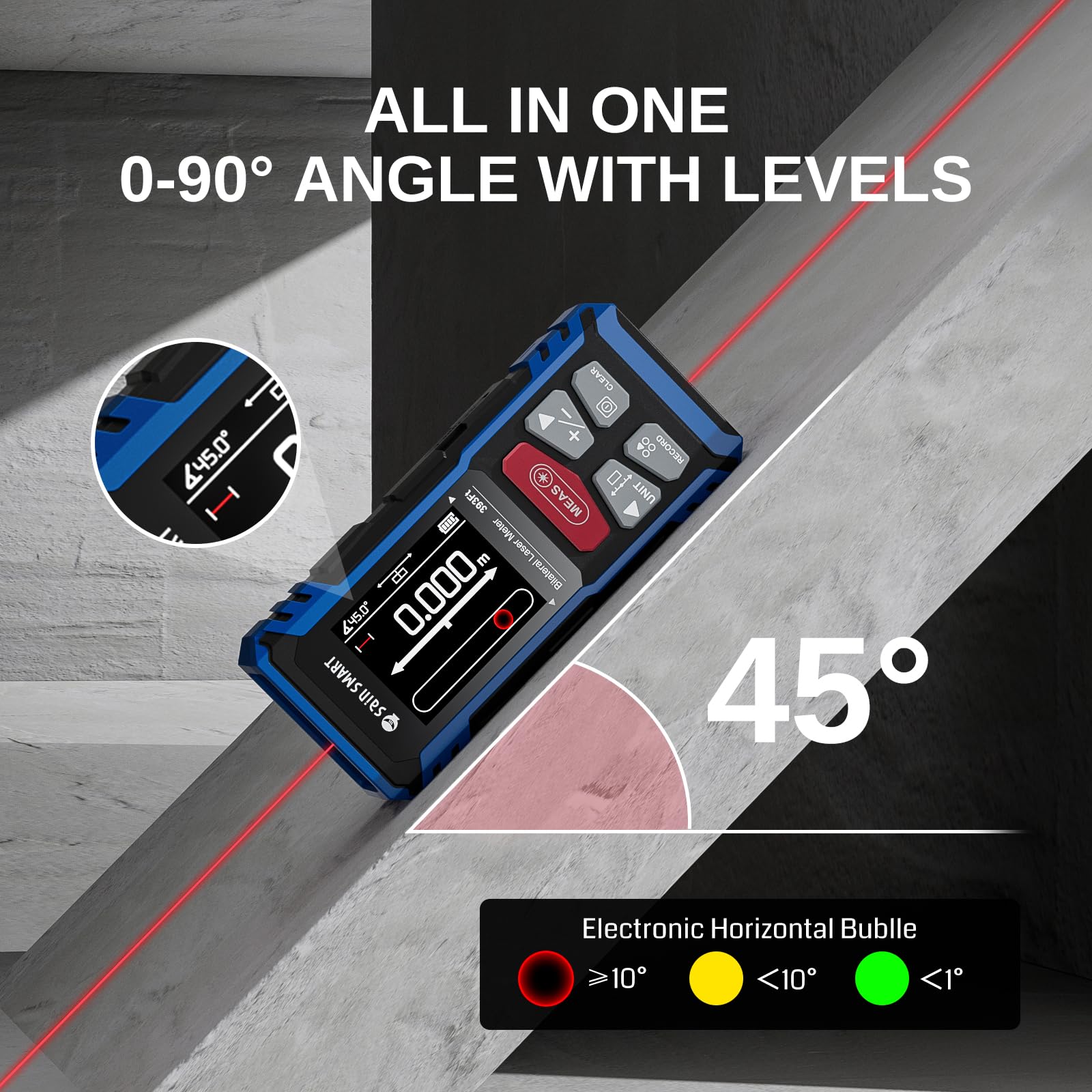 Strumento di misurazione laser doppio SainSmart, misuratore di distanza bilaterale ricaricabile da 120 metri con LCD retroilluminato, sensore di lunghezza/area/volume/angolo