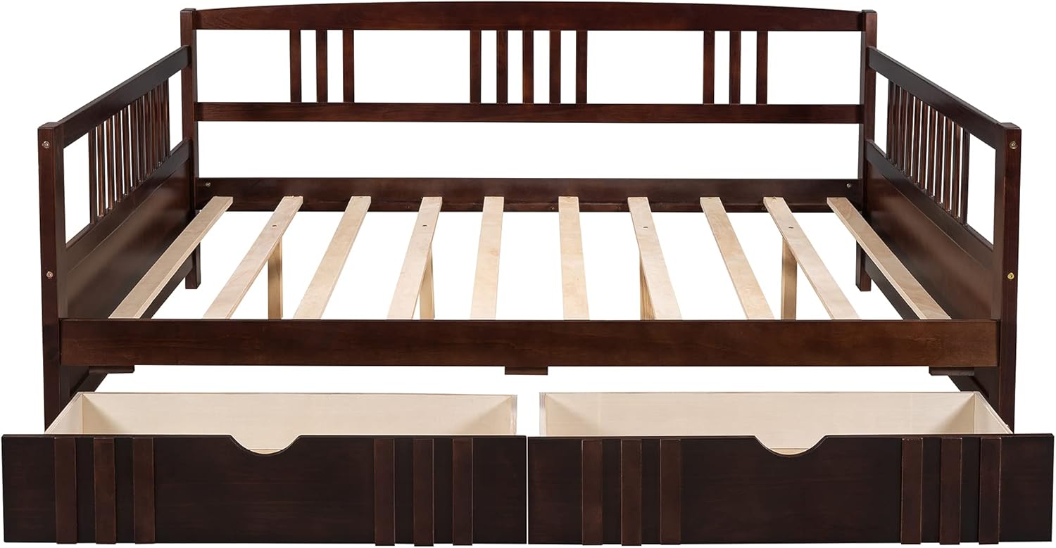 Rhomtree Solid Wood Daybed with Two Drawers Wood Slat Support Day Bed Frame for Bedroom Living Room (Espresso, Full)