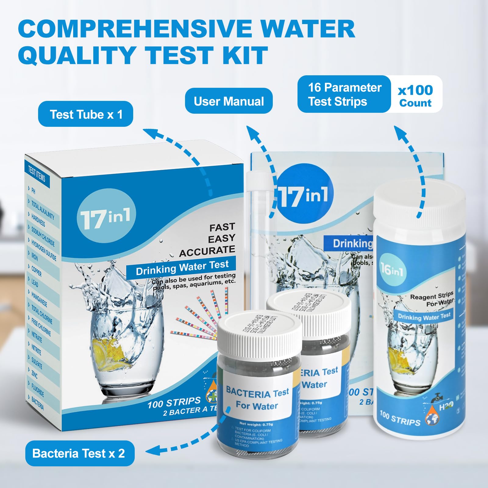 Strisce reattive acqua potabile 17 in 1 (100 strisce con 16 parametri e 2 test batteri), analisi completa qualità acqua pH, durezza totale, cloro libero, fluoro e altro per piscine