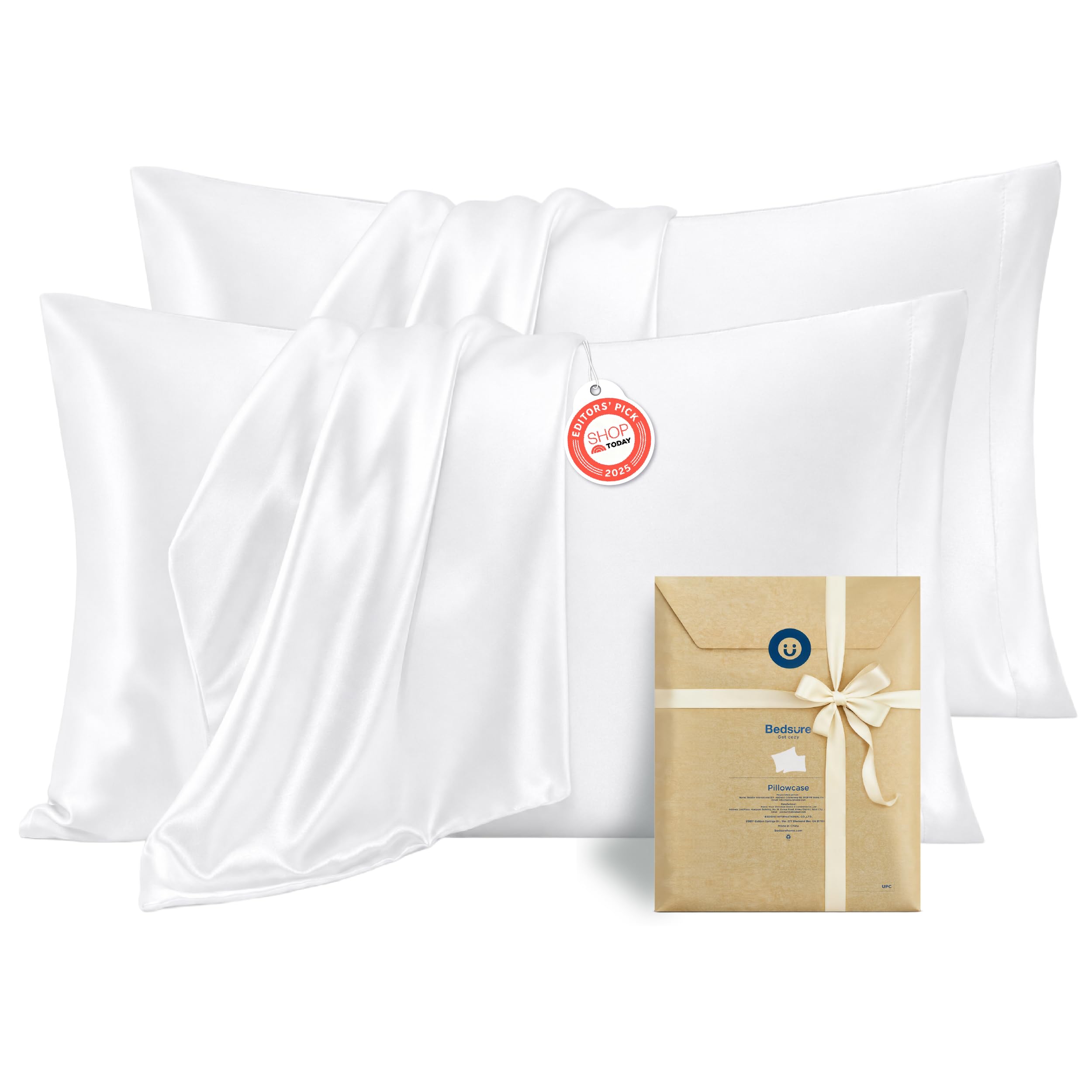 Bedsure Satin Pillowcases Standard Size Set of 4, Silky Pillow Cases, White