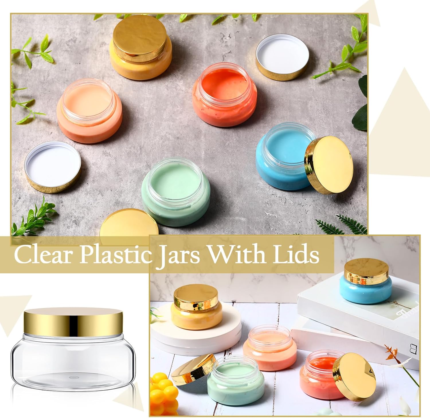 Mumufy Round Plastic Containers Plastic Jars with Lids Empty Travel Containers for Creams Refillable Cosmetic Jars for Lotions Body Scrub Body Butter(5 oz,Gold,Clear,48pcs)