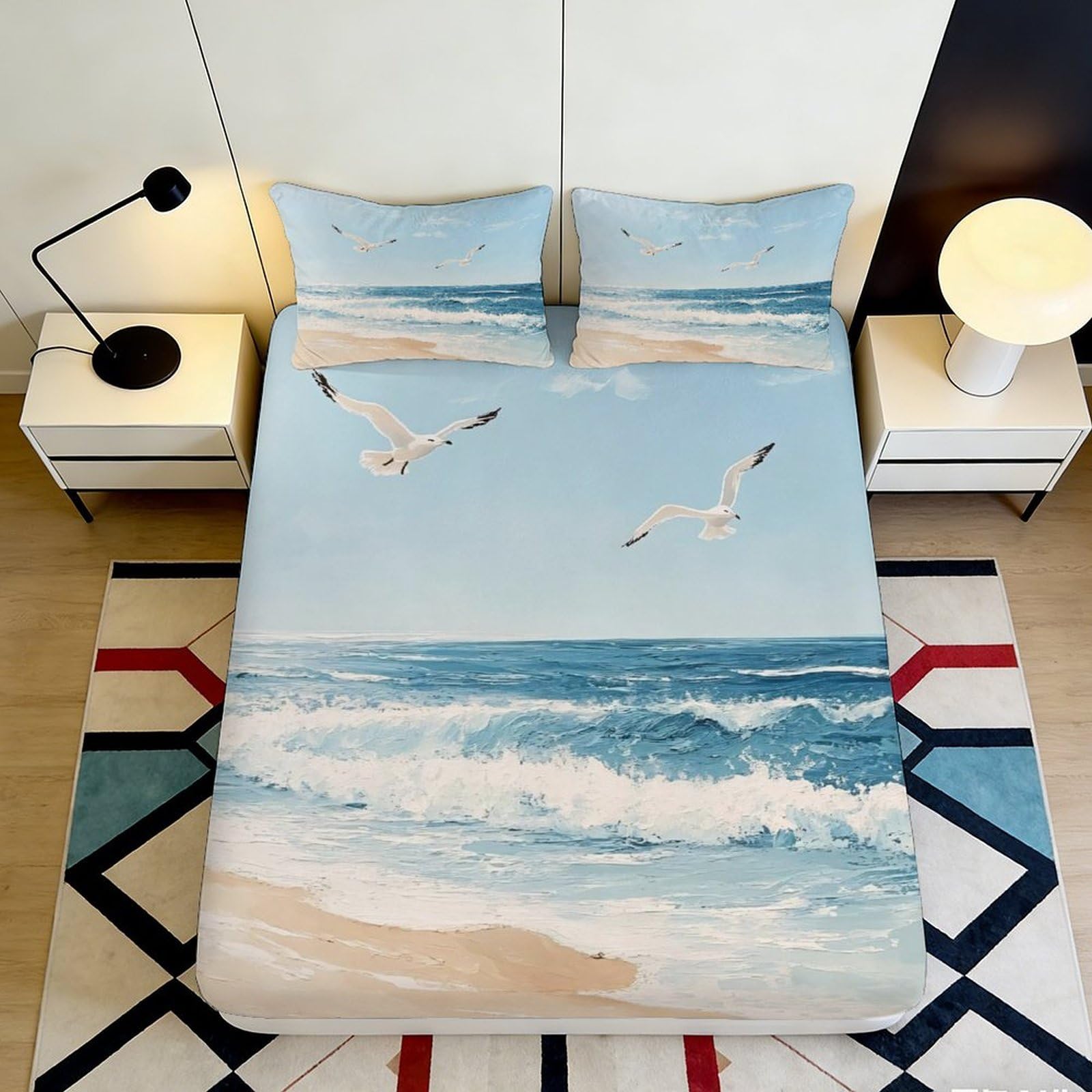 Pnayamiorkfel Style-4 3D Printed Seaside Waves Fitted Sheet Microfiber Soft Blue Beach Seagull Mattress Cover For Bedroom Guest Room Decor 90X200x25cm