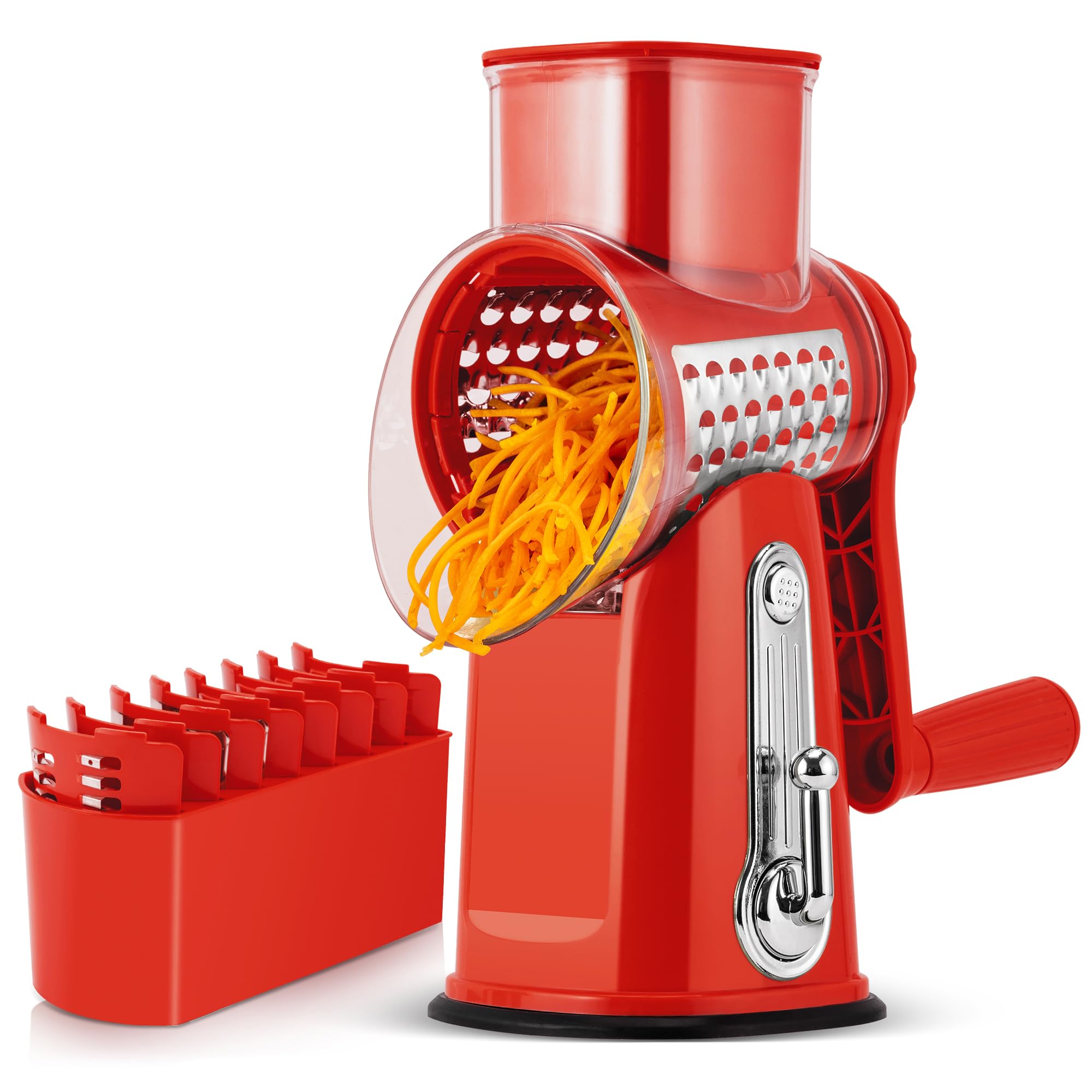 Rotary Cheese Grater,Vegetable Slicer with 5 Interchangeable Blades,Strong Suction Base,Rotary Drum Grater&Food Shredder for Kitchen,with Blade Storage Box-Ideal for Cheese,Cucumber,Carrot,Nut