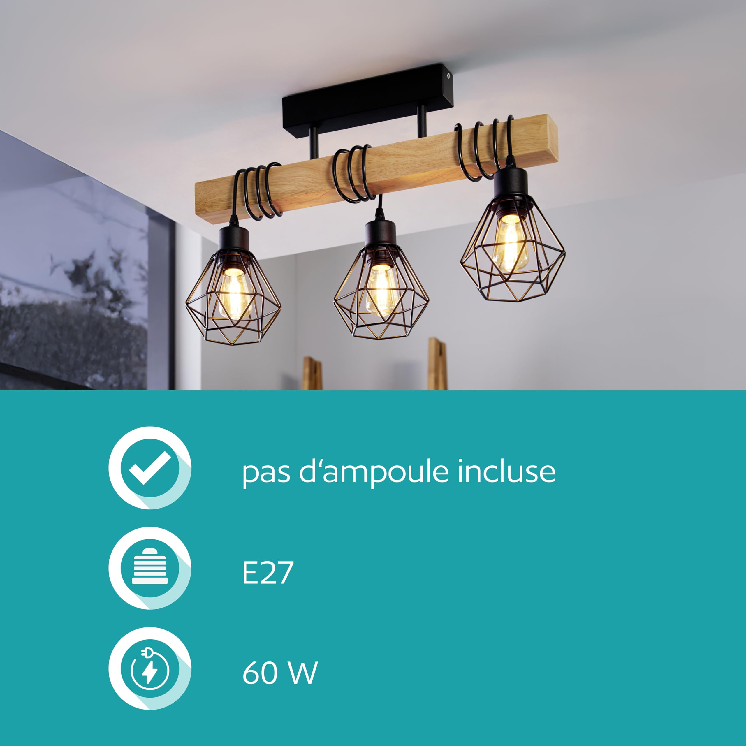 Eglo Suspension luminaire Townshend 5, lustre à 3 lampes, abat-jour | suspendus au design vintage et industriel, éclairage rétro en acier noir et bois, certifié FSC, douille E27
