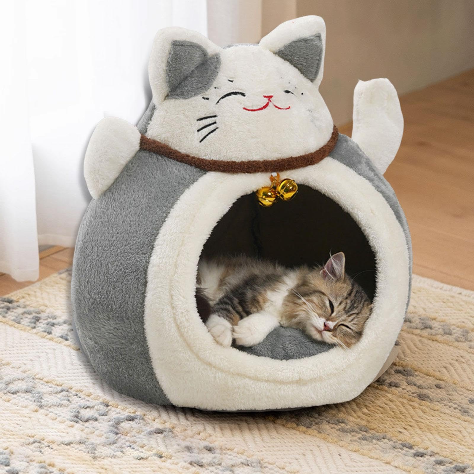 Milageto Niche pour Chat Multifonctionnelle, Abri pour Animal en Forme de Chat Porte-Bonheur, Maison Antidérapante et Confortable avec Clochette, Lit Doux en Coton PP pour Animaux de Compagnie, Gris L