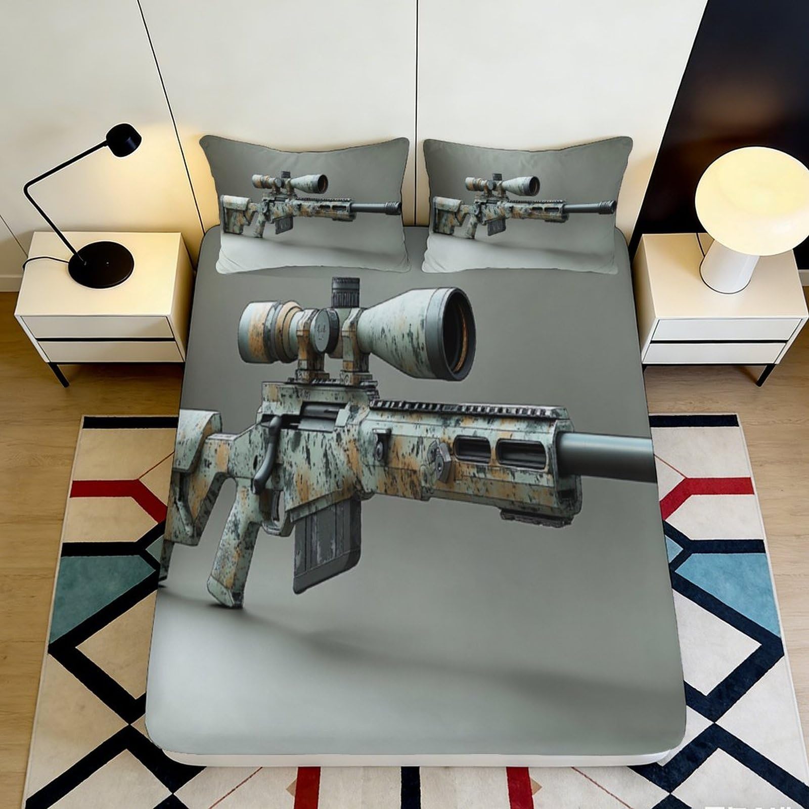 3D Printed Sniper Rifle Fitted Sheet Microfiber Durable Camouflage Gun Mattress Cover for Bedroom Dormitory Guest Room Protection Decoration 120x200x25cm