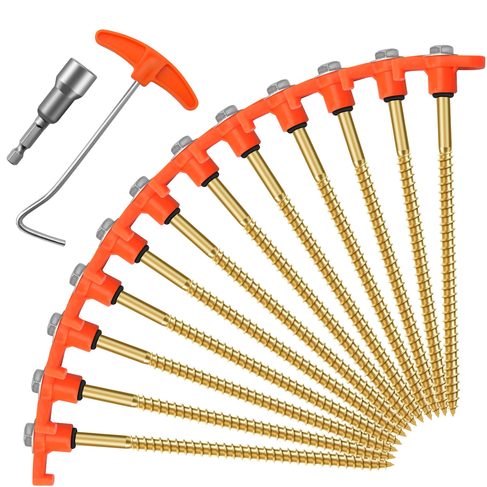 12 Pack Heavy Duty Metal Tent Pegs, 7.8in chRotating Rock Pegs with Thread, Ground Anchors for Camping, Includes Drill Adapter & Nail Puller, Durable Steel Stakes for Garden, Canopies,Lawns -Orange