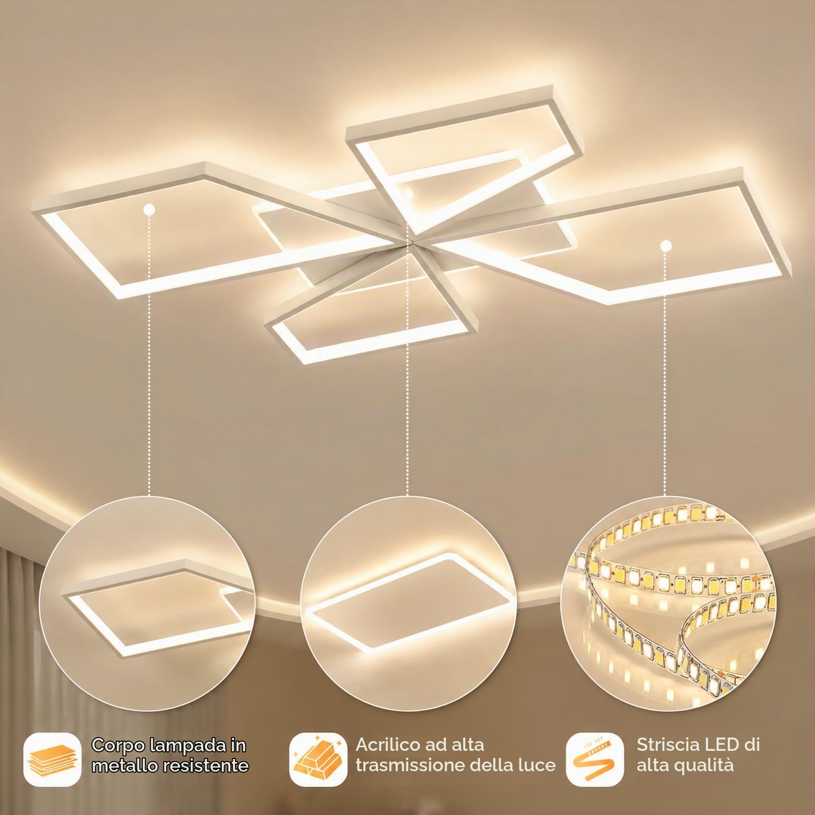 OTREN Plafoniera LED Soffitto Dimmerabile, Lampadario Camera da Letto 78CM | Timer e Funzione Memoria, Moderno per Soggiorno Cucina Sala da Pranzo, Bianco, 72W