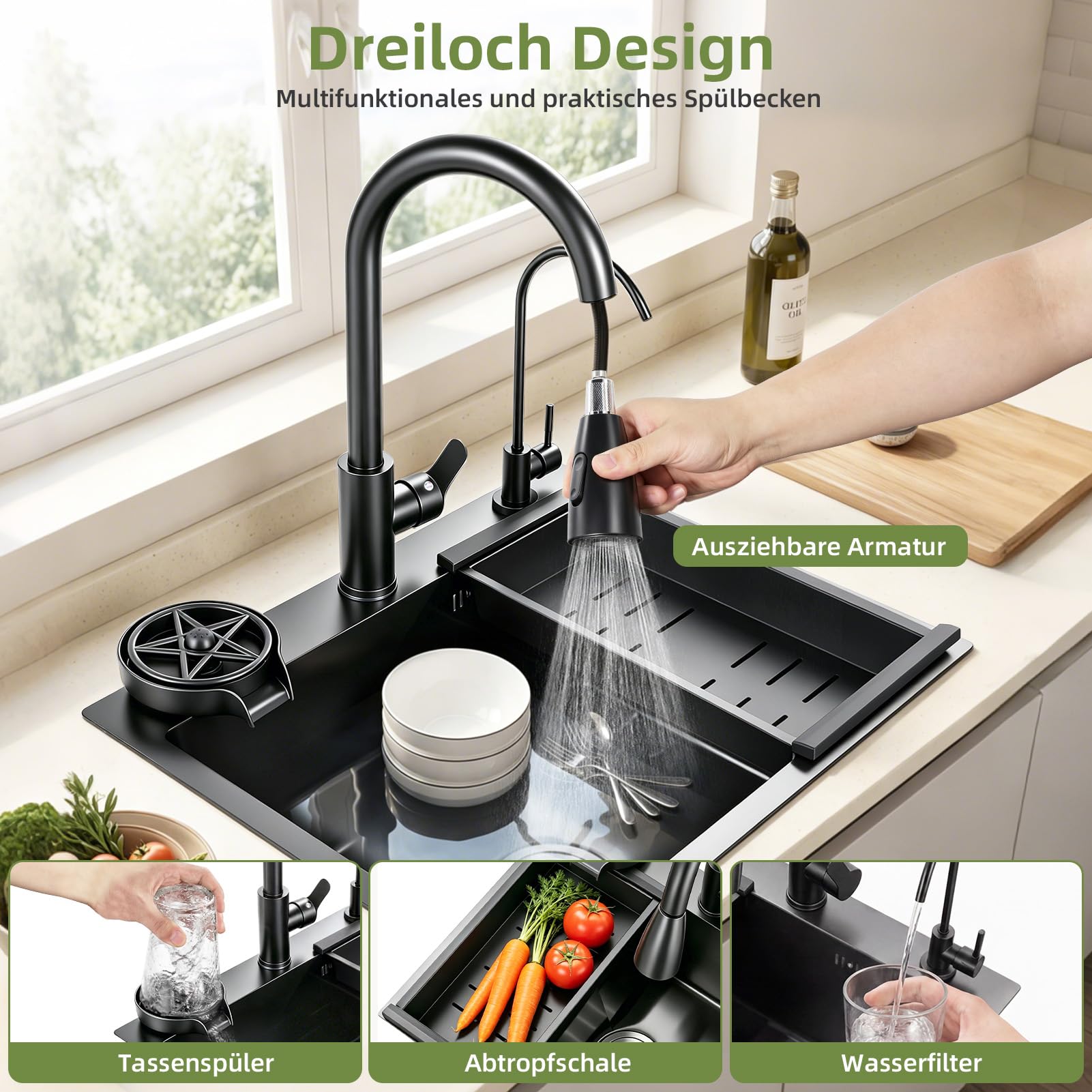 Schwarz Titan Einbecken Küchenspüle 55x45cm 3mm mit 3 Strahlmodi | 304 Edelstahl Spülbecken Set mit Ausziehhahn, Wasserfilteranschluss, Ablaufgarnitur, 3/8 Auf 1/2 Eckventile
