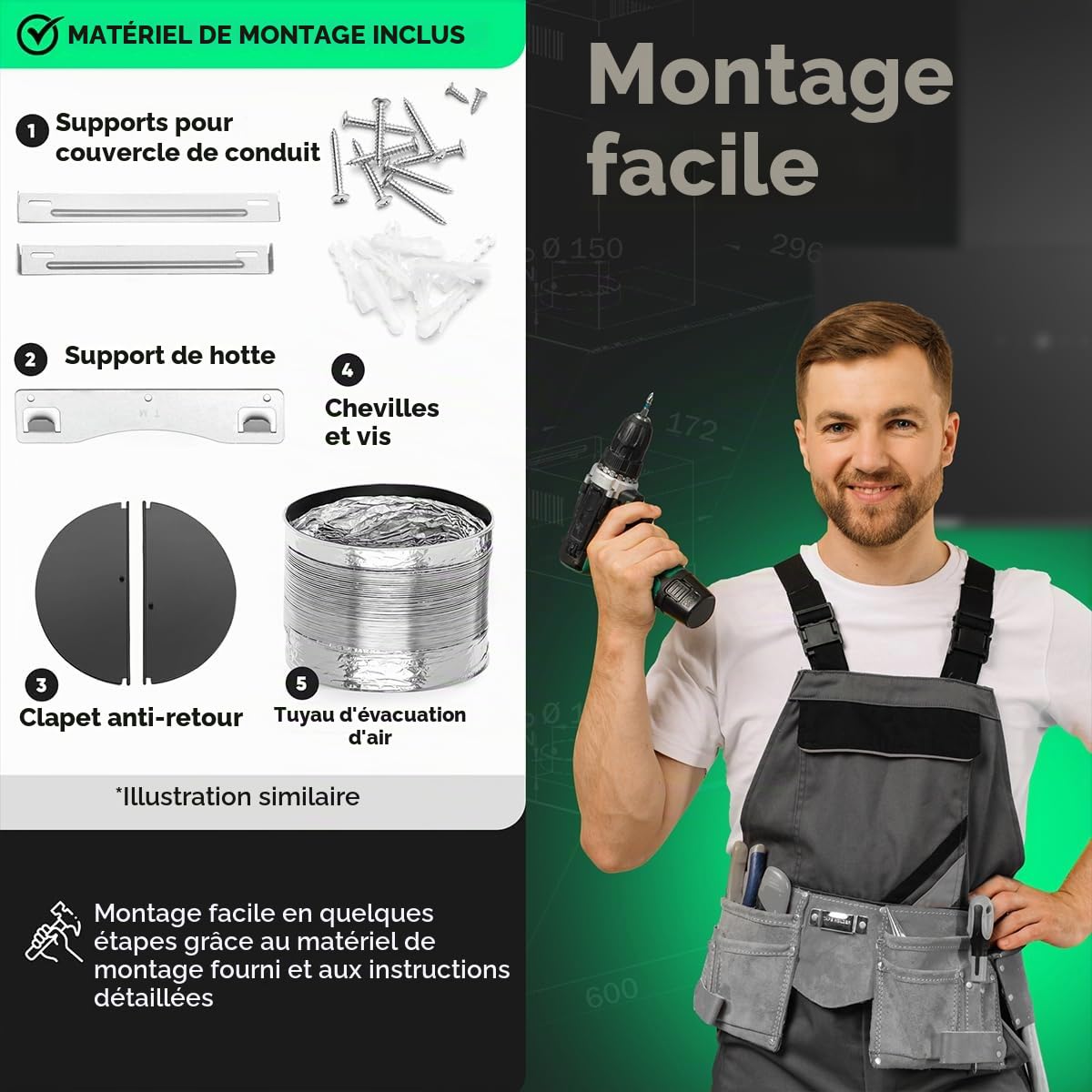 Bomann, Hotte Inclinée à LED Noir DU7611-G, 60 cm, Système de Ventilation Périphérique, Débit d'Air 578 m³/h, Commande Tactile avec Écran et Éclairage LEDBlanc Chaud, Filtre à Graisse Lavable