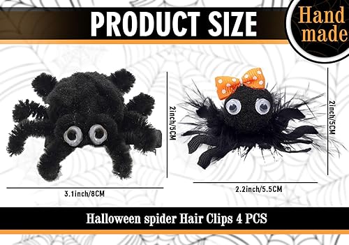 Miniatura 2 de Whaline Paquete de 4 pinzas para el pelo de araña de Halloween, lindo lazo de araña negra, agarres para el pelo, cinta de grogrén, pluma, hechos a