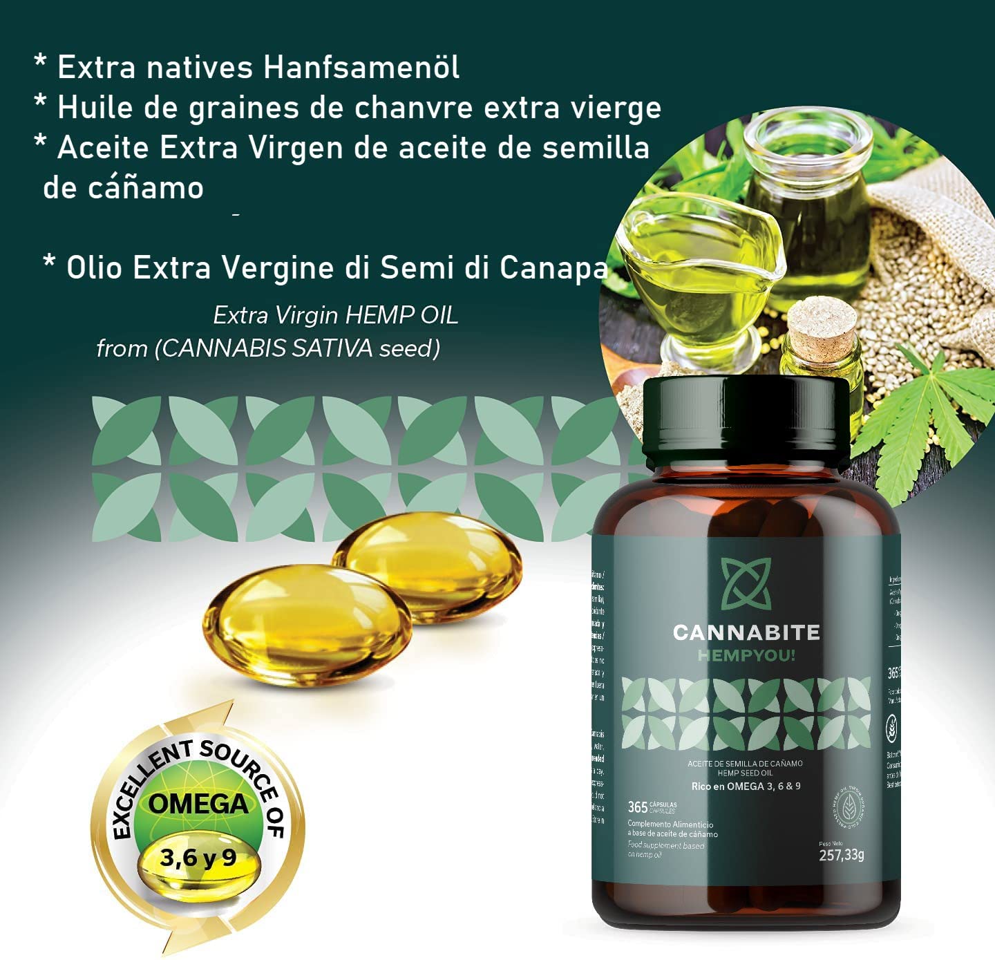 Omega 3, 6, 9 Vegetale - 365 Capsule Di Olio Di Semi Di Canapa Vergine, Spremuto A Freddo, Senza Additivi,