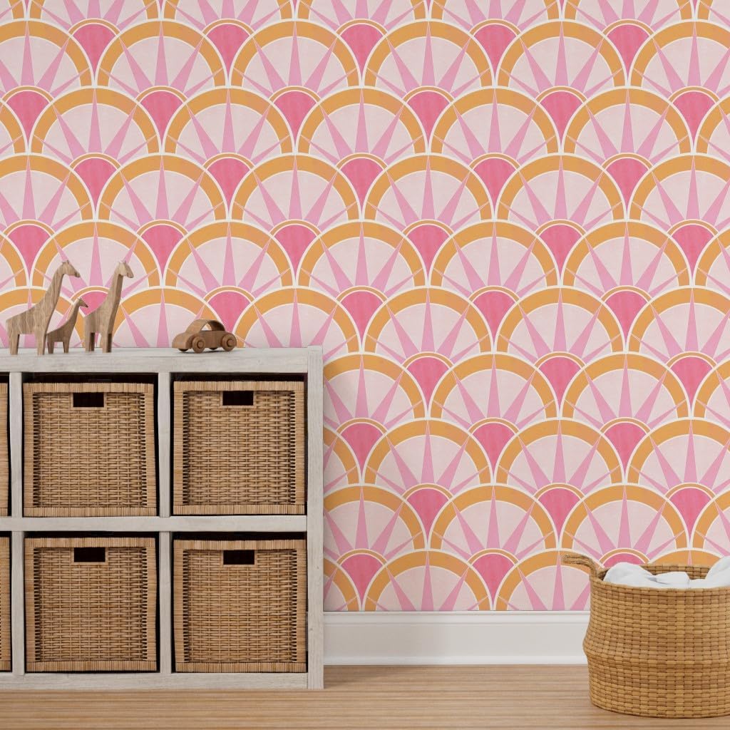 Spoonflower Removable Wallpaper 3ft x 2ft - Pink Orange Art Deco Fancy Fan Vintage Feminine Pastels Retro 1920S Custom Pre-Pasted Wallpaper
