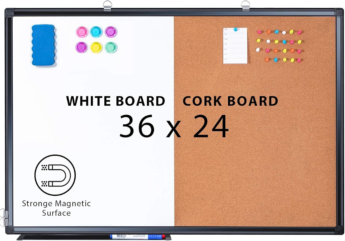 Magnetic White Board and Cork Board Combo 36" x 24" Aluminum Frame（Black） | Dry Erase Bulletin Board, Wall Mounted or Hanging. Dual-function Surface for Writing & Pinning. Ideal for Home, Office, Shool