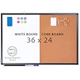 Magnetic White Board and Cork Board Combo, 36 X 24 inches Whiteboard Bulletin Combination Board, Wall Mounted Dry Erase Message Board for Home, School and Office, Black
