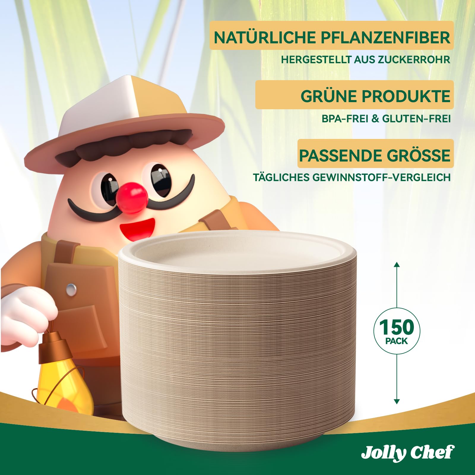 JOLY CHEF Piatti canna da zucchero compostabili 9"/23 cm, 150 pezzi