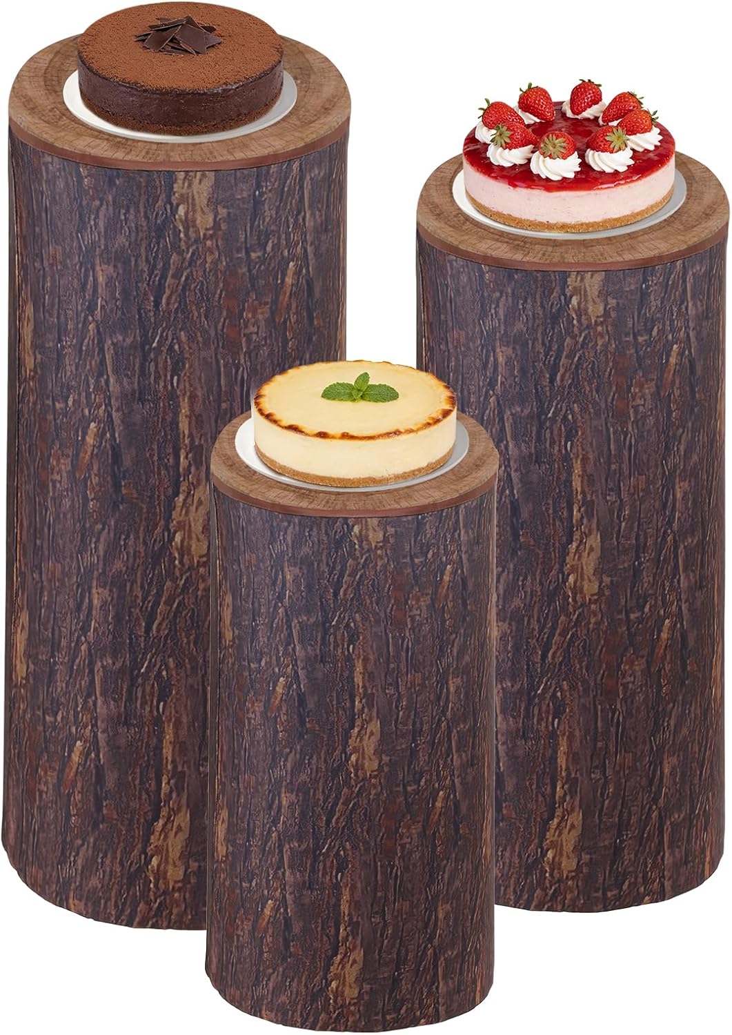3-Pack Spandex Cylinder Pedestal Stand Covers, Wood Grain Texture Elastic Plinth Covers with Assorted Sizes for Wedding, Party & Baby Shower Decor (Covers Only)