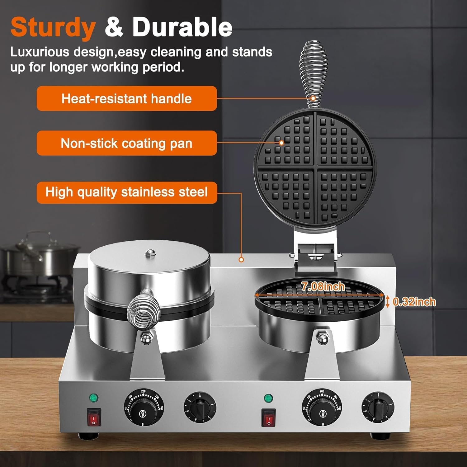 Commercial Waffle Maker, Dual-Head, Dual Zone Temp Setting, 2600W Stainless Steel Waffle Baker Machine, 50-300°C(120-570℉), Nonstick, for Catering, Restaurant, Perfect for Iftar, CE Certified