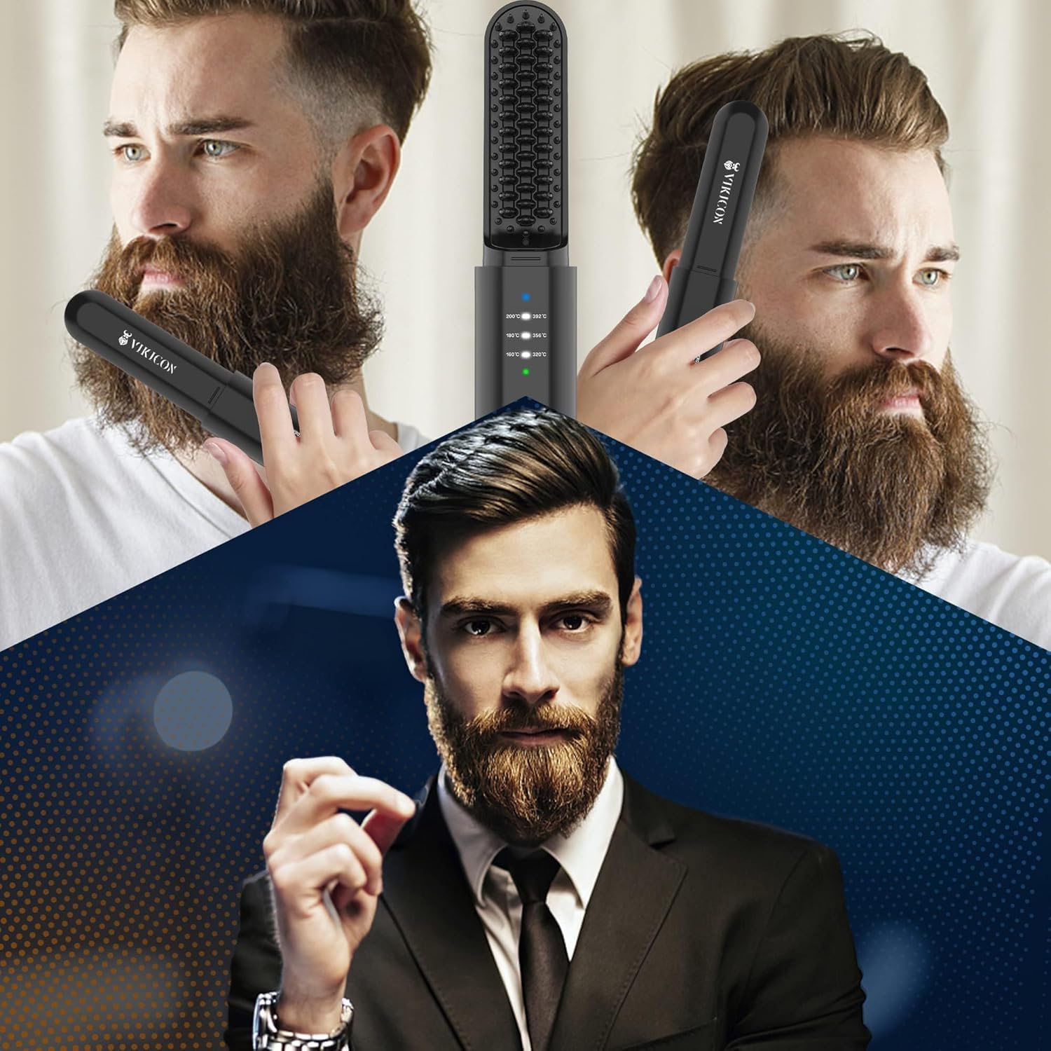 VIKICON - Pettine lisciante per barba da uomo, senza fili, 3 livelli di temperatura regolabili, spazzola ionica ricaricabile, per capelli e barba, anti-scottatura, portatile (nero)