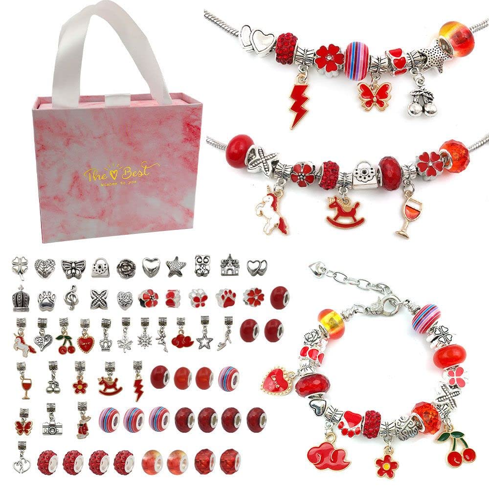 Bracelet Making Kit for Girls, 83PCs Red Charm Bracelets Kit with Beads, Jewelry Charms, Bracelets for DIY Craft, Jewelry Gift for Adults and Kids (Red)