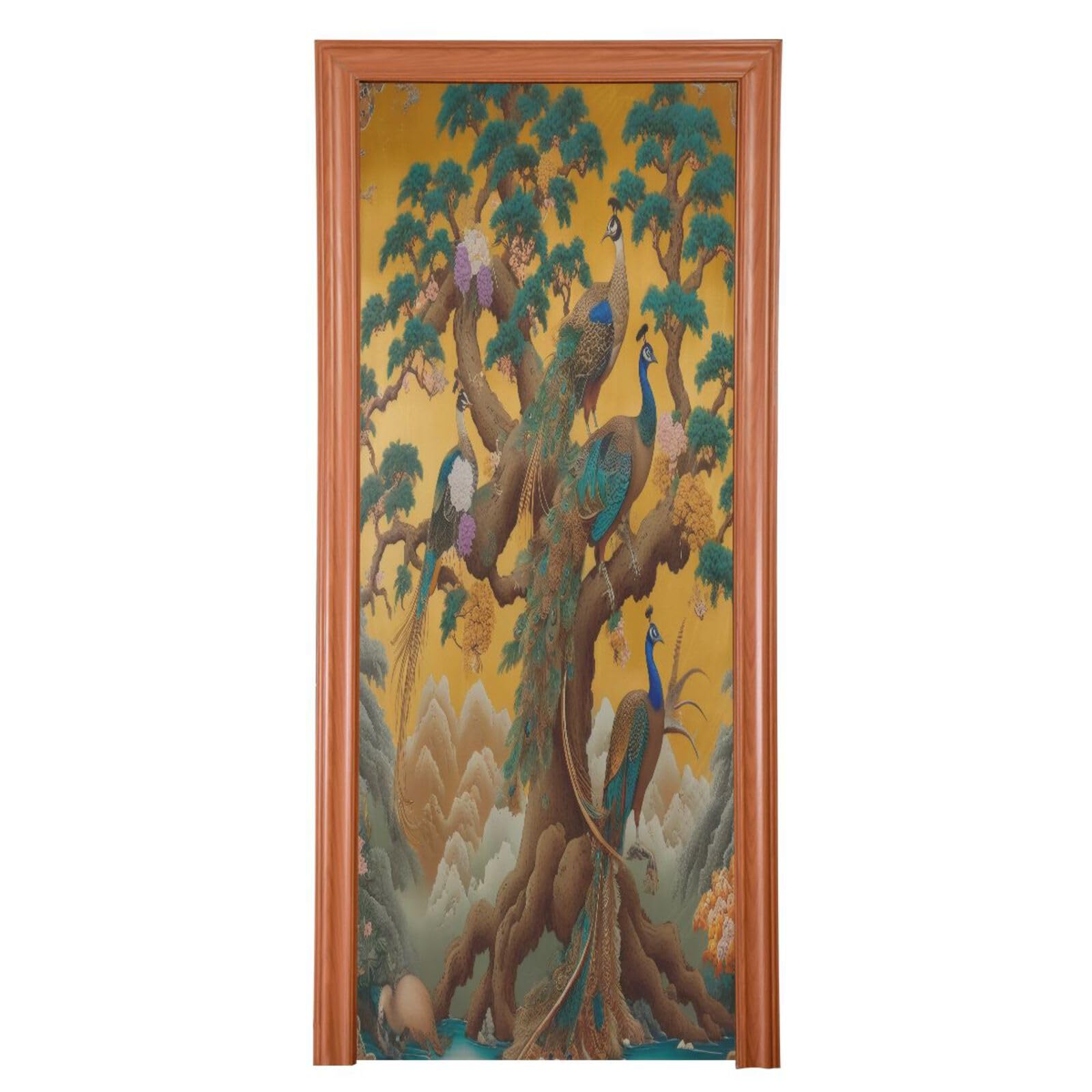 FLildon Leafy Floral Peacocks Door Cover Decoration, Party Accessory Porch Decor for Festive Ornament Room Door Covers 36 x 98 Inch