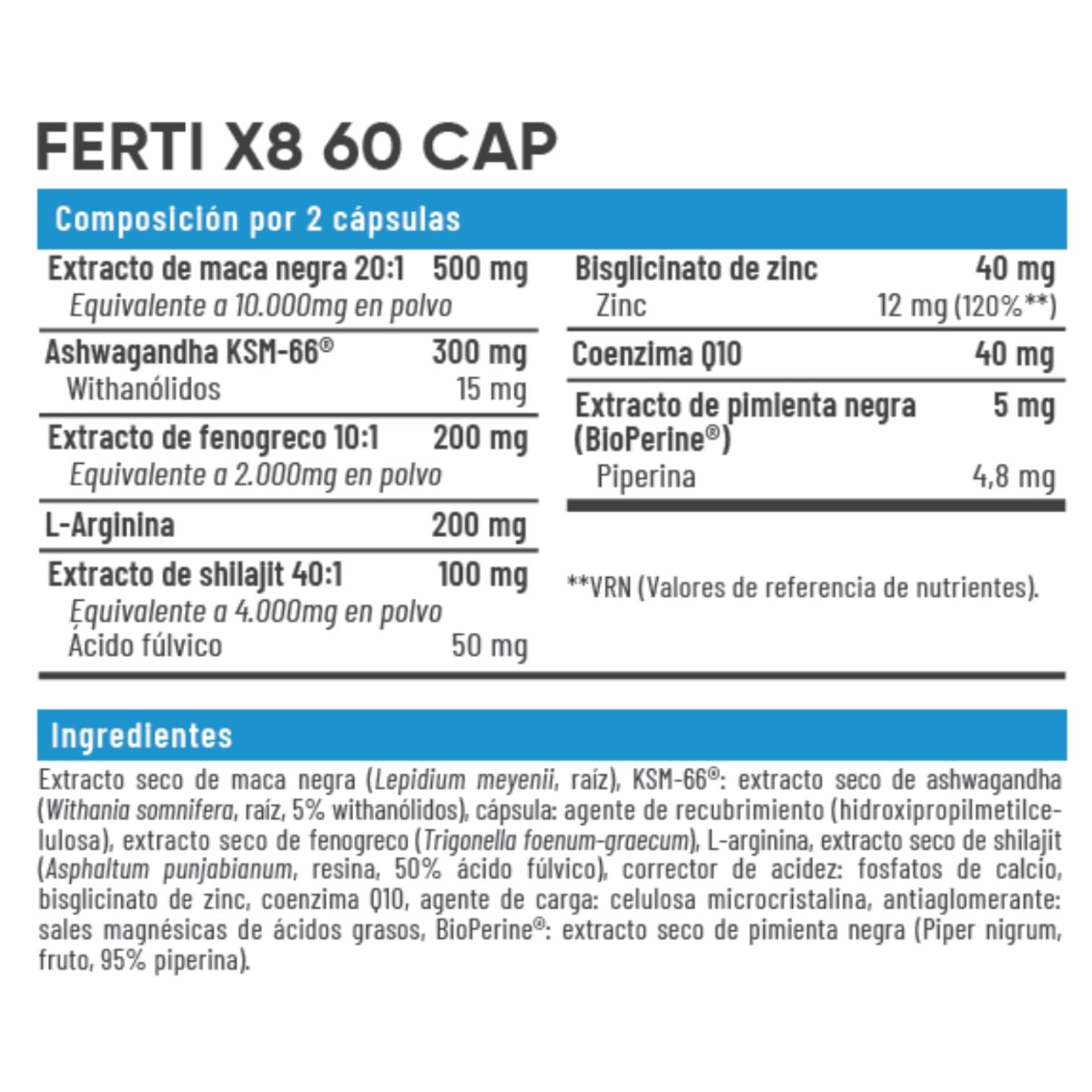 FERTI X8 60 Cápsulas – Maca Negra + KSM-66® Ashwagandha + Fenogreco + Shilajit + Zinc – Suplemento para Fertilidad Masculina, Testosterona y Vitalidad