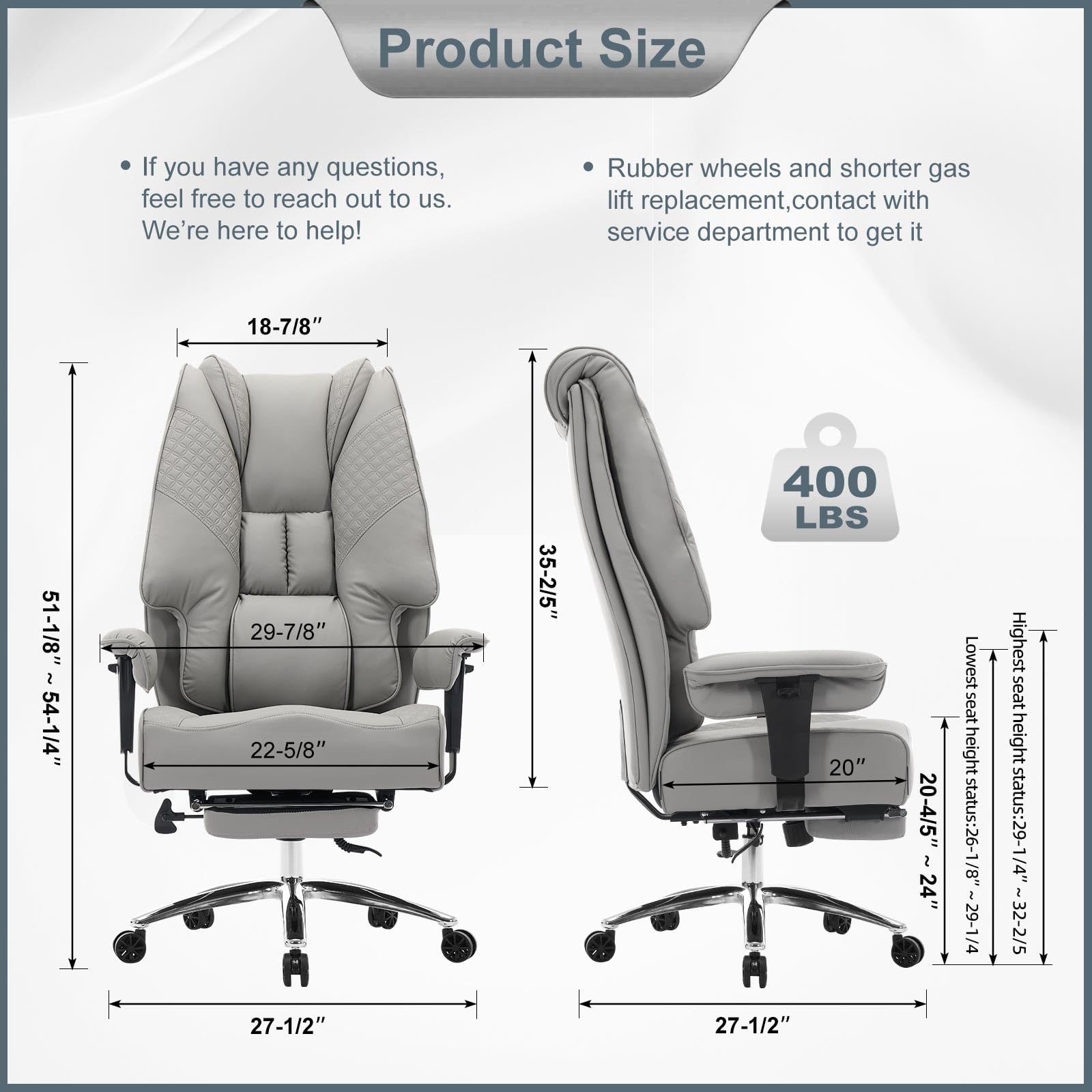 EXCEBET Big and Tall Office Chair 400lbs Wide Seat, Leather High Back Executive Office Chair with Foot Rest, Ergonomic Chairs Lumbar Support for Lower Back Pain Relief (Light Grey) - 2