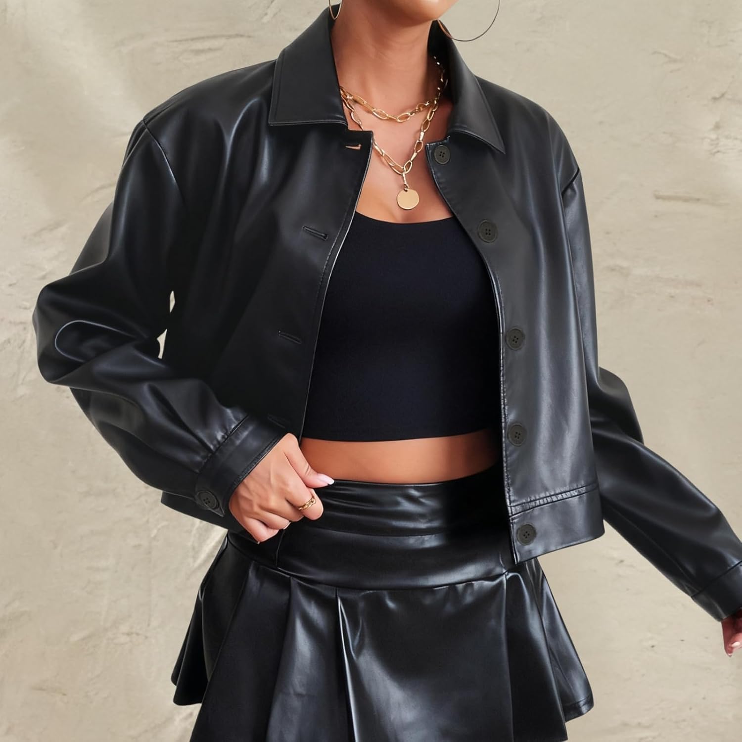 Womens Cropped Faux Leather Jacket Button Down Lightweight Bomber Motorcycle Jackets fall Fashion Coats Winter Outfits - Image 3