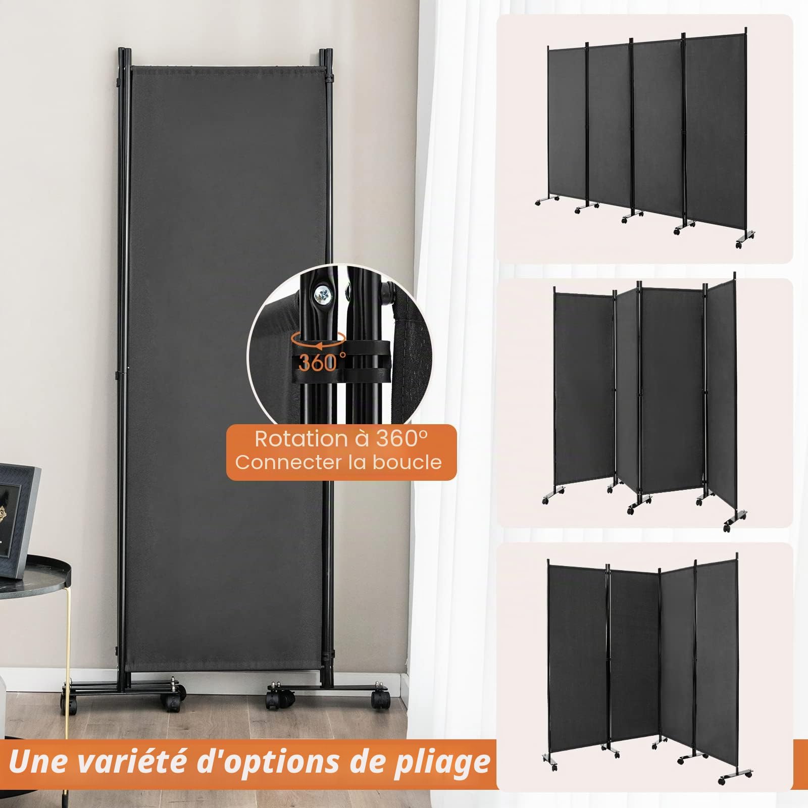 GIANTEX Paravent de séparation intérieur sur roulettes - 4 pièces - 225 x 173 cm - Paravent Pliable - Mur Espagnol autoportant avec Pieds Larges - Cloison en Tissu - Protection privée (Gris)