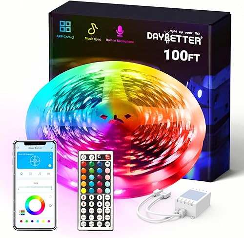 DAYBETTER Tira de luces LED RGB inteligentes, luces LED de 100 pies para dormitorio con control de aplicación, tiras de luz LED cambiantes
