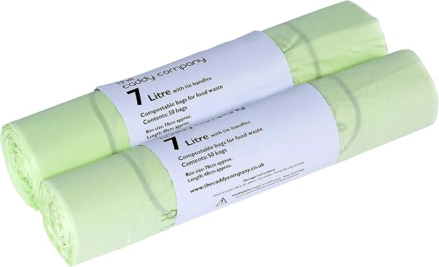 The Caddy Company 7 Litre Tie Handle Compostable Kitchen Caddy Liners, 100 Bags, Green