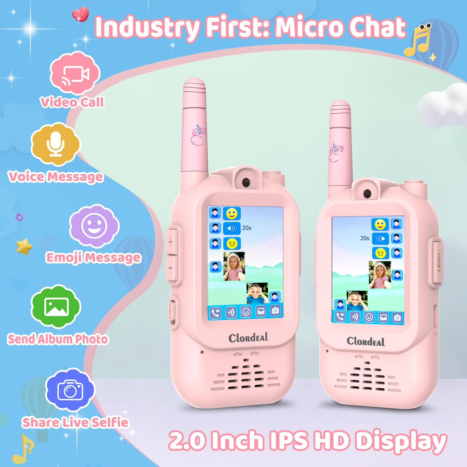Video Walkie Talkie Bambini Lungo Raggio Ricaricabile, Regalo Bambina 3-12 Anni, Videochiamata, 6 Effetti Voce, 23 Emoticon, 12 Adesivi, LCD 2", Rosa, Confezione da 2