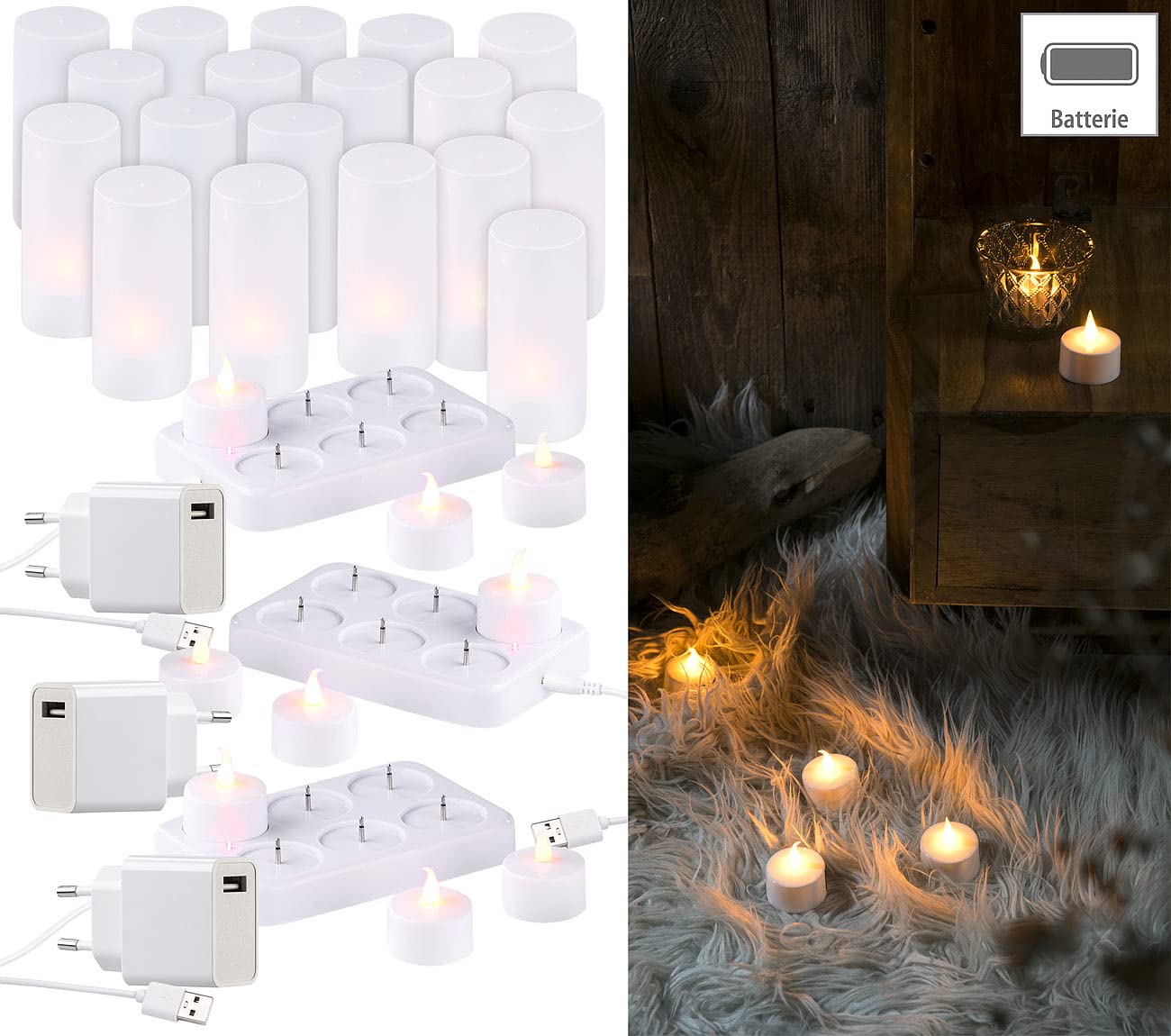 Lunartec Dekoglas Teelichter: 3er-Set, je 6 LED-Akku-Teelichter, flackernde Flamme, Teelichthalter (mit beweglicher Flamme, LED-Lichter mit Ladestation, Akkus)