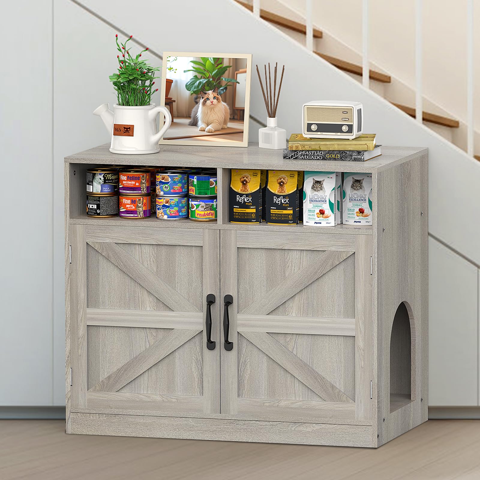 Hidden Litter Box Furniture Ultra-Large Wooden Enclosed Litter Box Furniture,2-Door Storage Cabinet, 2 Open Drawers, 1 Air Vents,Cat Litter Furniture Fit Most of Litter Box.(Gray, No Drawers)