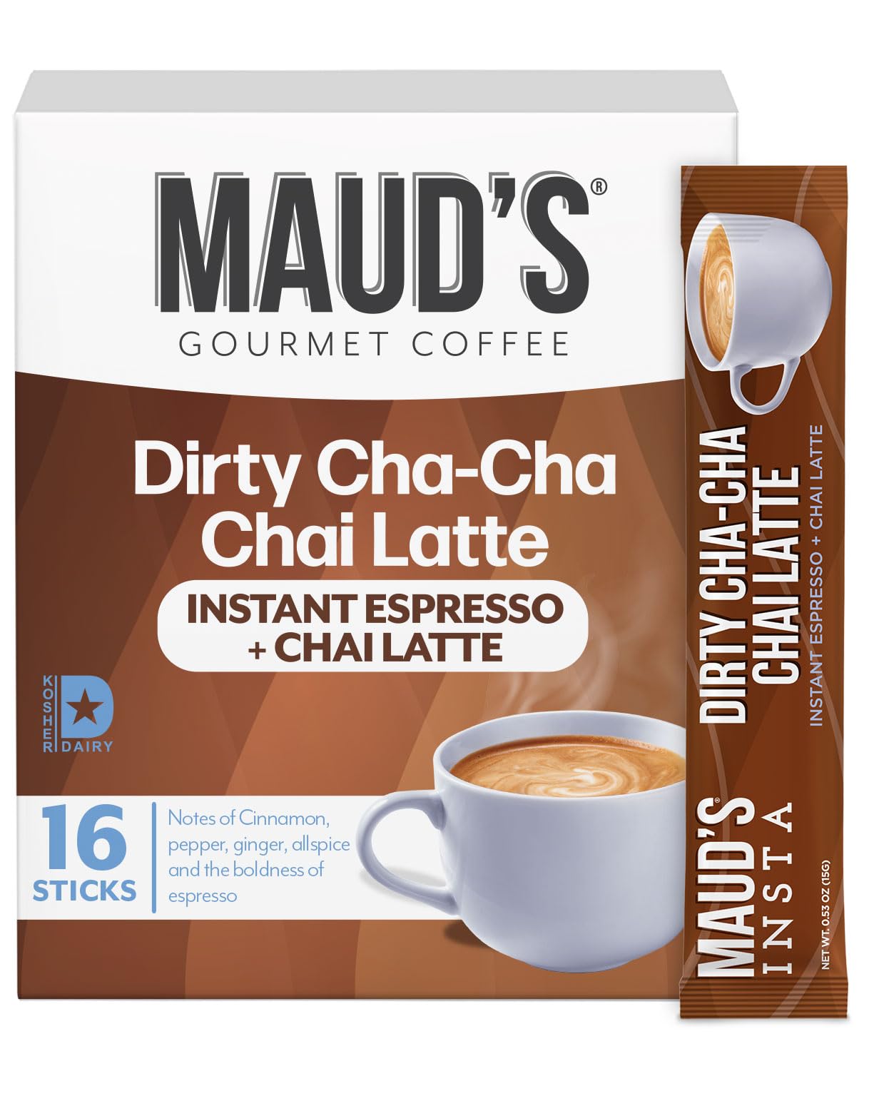 Maud's Espresso Chai Tea Latte Instant Packets, 16 ct, 100% Gourmet Blended Tea Leaves, Instant Hot or Iced Latte - Just add water