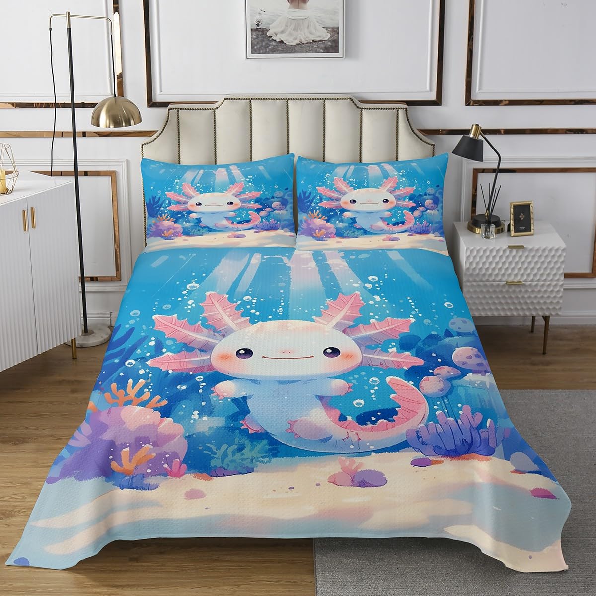 Cute Axolotl Kids Bedspread,Undersea View Cartoon Wild Sealife Bedding Set for Boys Girls Teens,Watercolor Coral Plants Ocean Theme Coverlet Set with 2 Pillowcases,King Size 3 Pcs