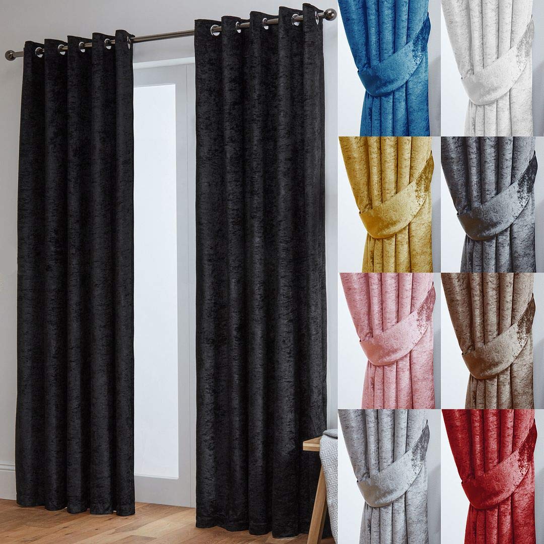 John Aird Crushed Velvet Fully Lined Eyelet Curtains (Black, 66" Wide x 72" Drop)