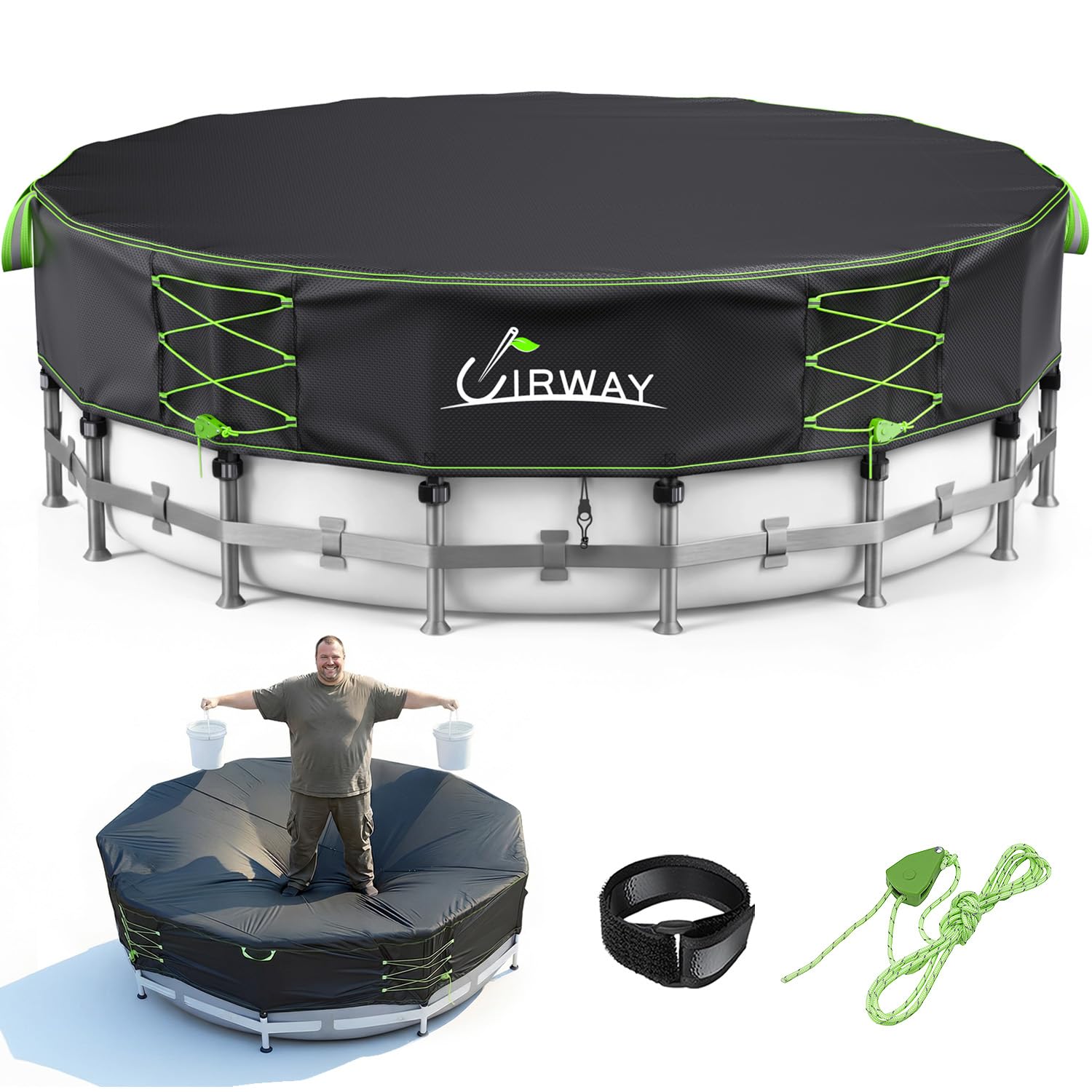 Uirway Cubiertas de piscina 600D mejoradas de 16 pies para piscinas sobre el suelo, cubierta solar con cordón reflectante resistente al viento, cubiertas de piscina resistentes a la intemperie