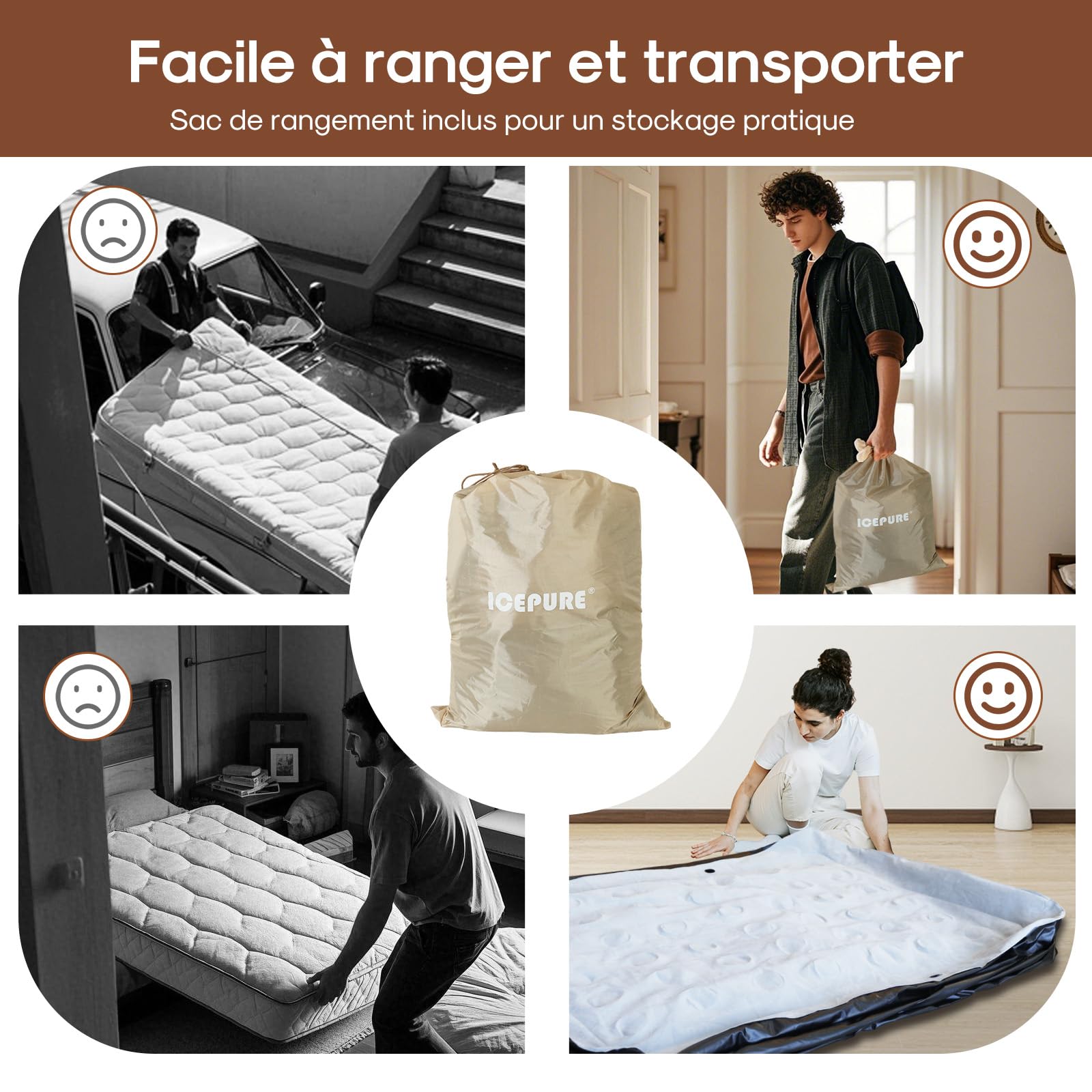 ICEPURE Matelas Gonflable 2 Personnes, 150x200x46CM,Dossier Amovible, 300 kg, Matelas Autogonflant 2 Personnes de 4000mAh et éclairage, adapté à la Peau, Robuste et Portable.