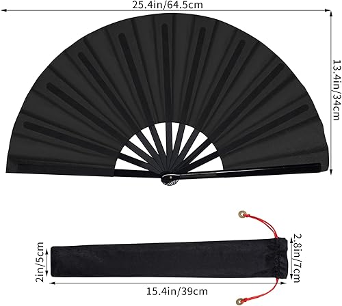 Miniatura 2 de Paquete de 2 ventiladores plegables grandes de mano, abanicos plegables de mano chinos de tela de nailon de Tai Chi, ventilador de Kung Fu chino con