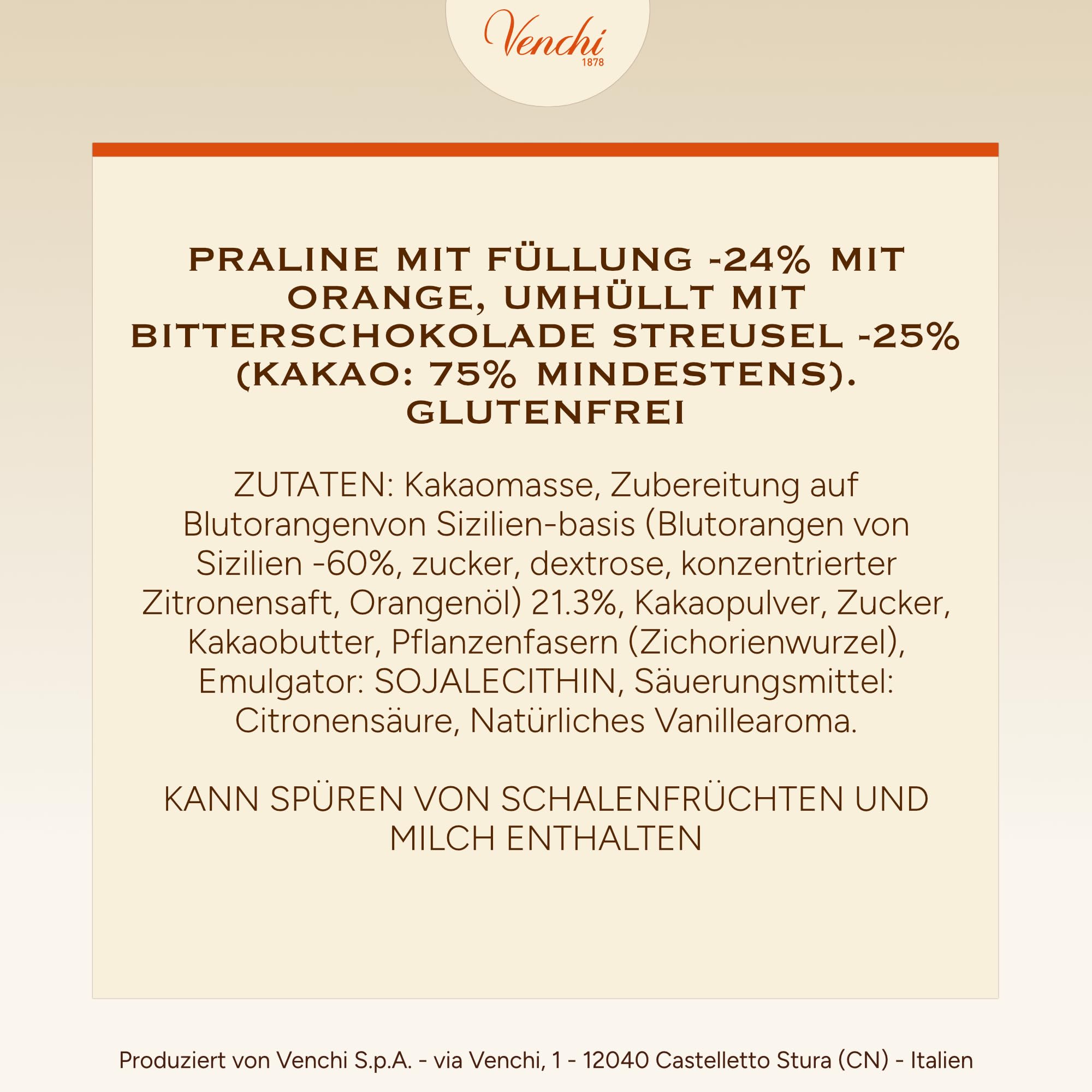 Venchi - Chocoviar Arancia - Praline extra zartbitter mit Füllung aus Blutorange, 1 kg - Glutenfrei - Vegan