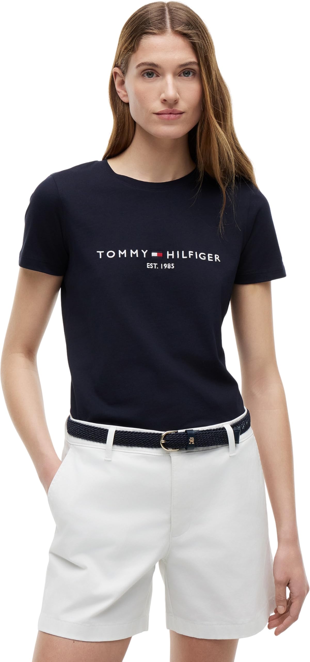 Tommy Hilfiger T-​Shirt Manches Courtes Femme Heritage Col Ras-​du-​Cou, Bleu (Desert Sky), S