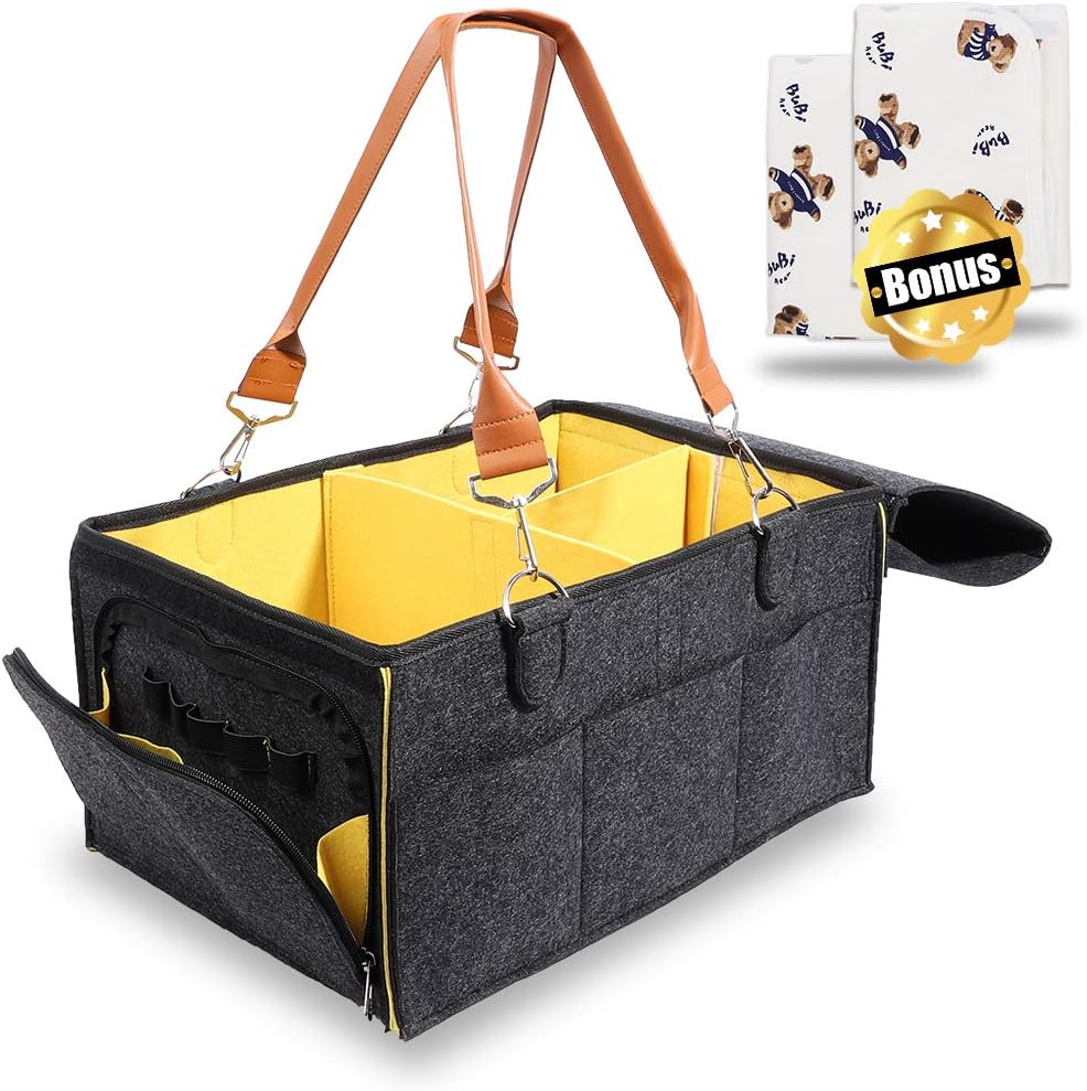 Isbasa Portable Baby Diaper Caddy Organizer, Tote Nappy Caddy Organizer, Large Size Nursery Essentials Storage Bins for Changing Table or Car Travel Basket with 2 Changing Pad