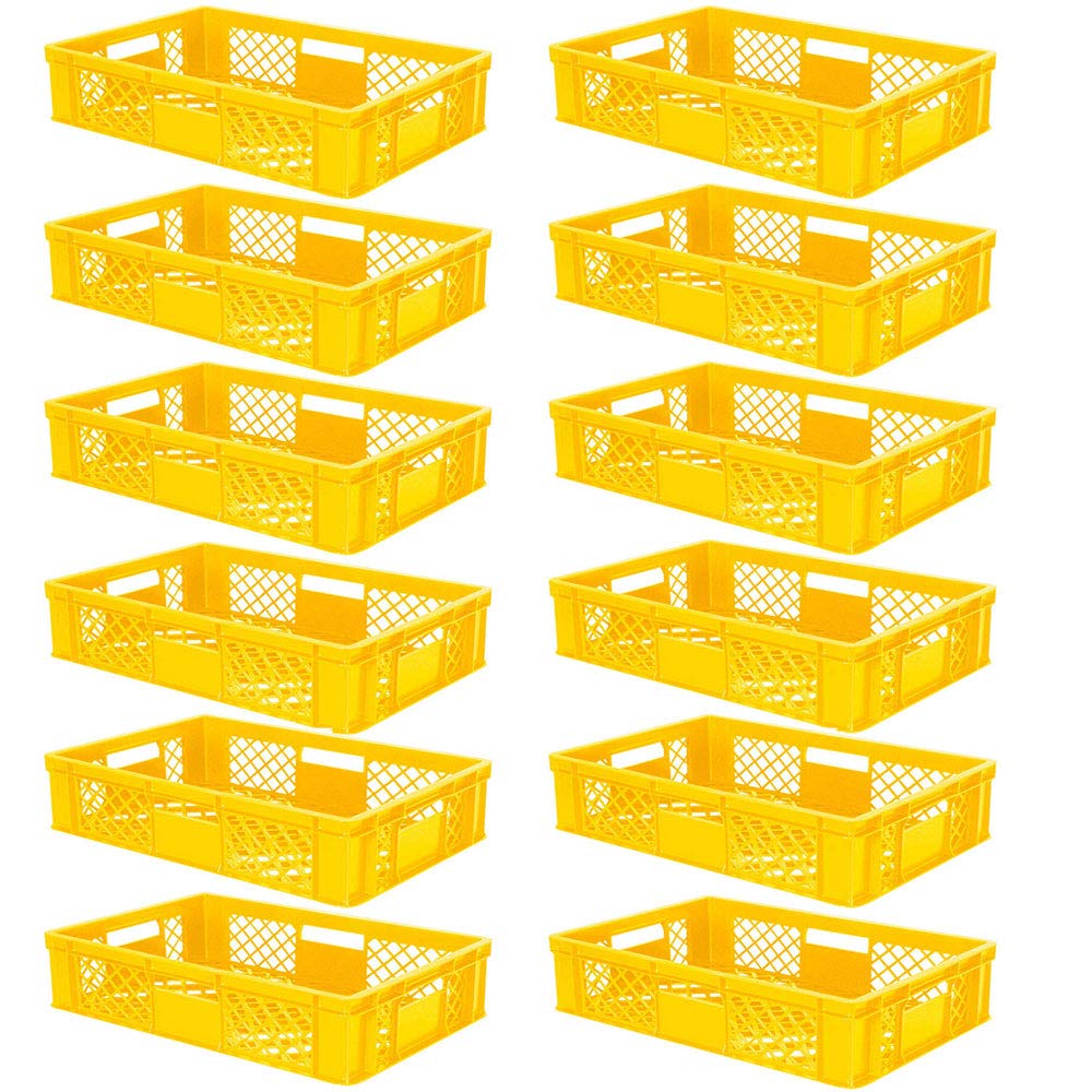 BRB 12x Eurobehälter durchbrochen/Stapelkorb, PE-HD gelb, Industriequalität, lebensmittelecht, LxBxH 600x400x150 mm