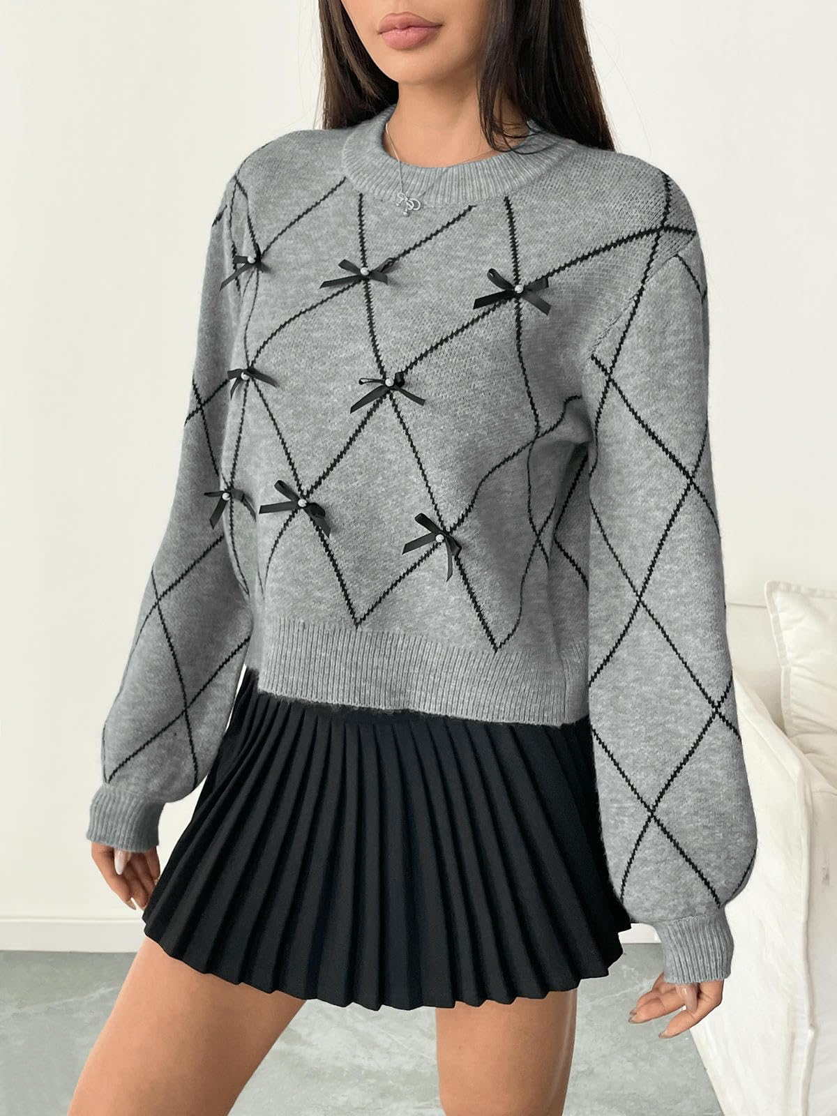 Maglione da Donna A Collo Rotondo alla Moda E Casual per con Decorazione Arco-Grigio Chiaro-m