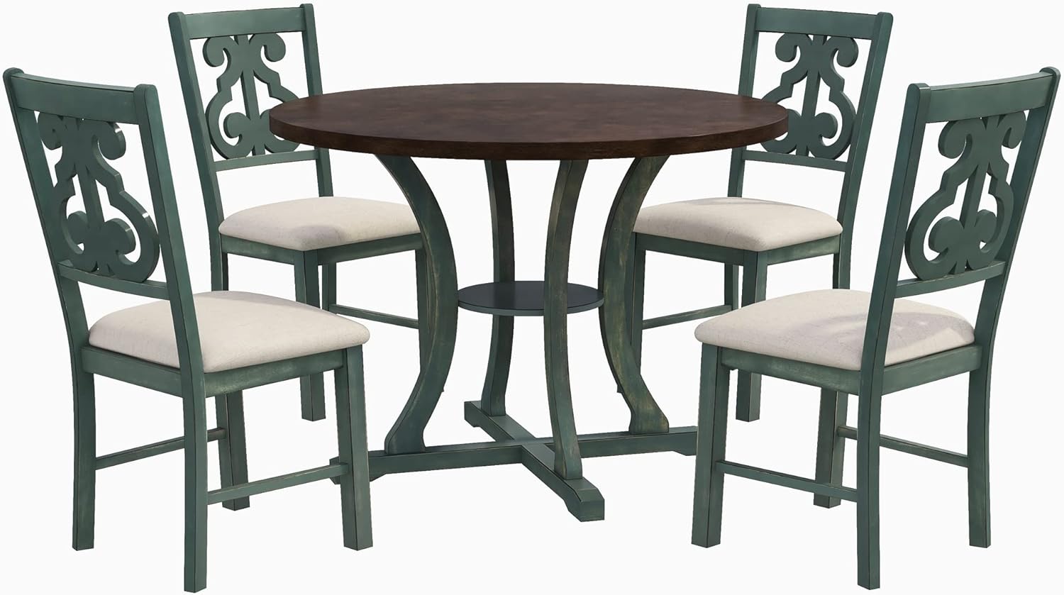 Merax 5 Piece Farmhouse Dining Table Set with Storage Shelf and Special-Shaped Legs, Round Table and 4 Hollow Chair Back, Dark Brown,Viridian